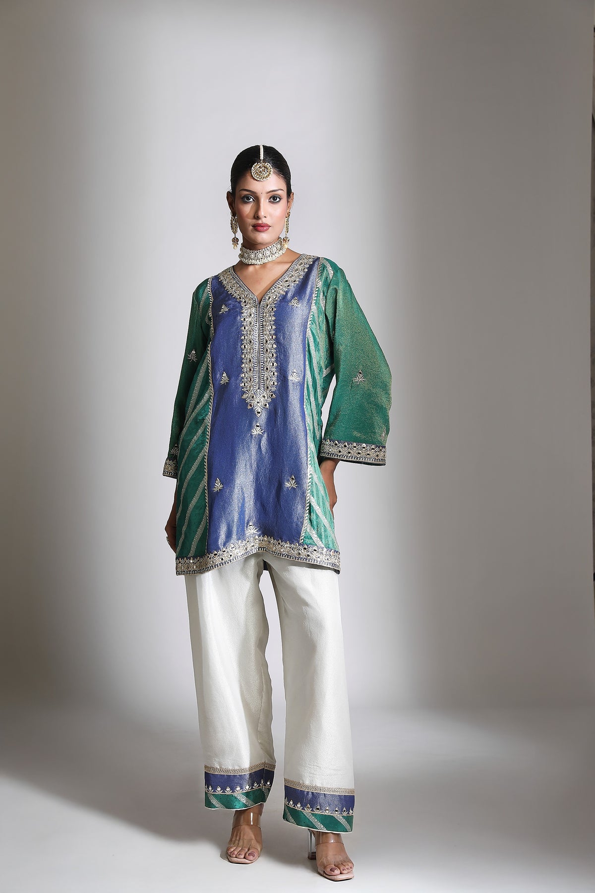 Blue Green Mirror Embroidered Kurta Set of 3