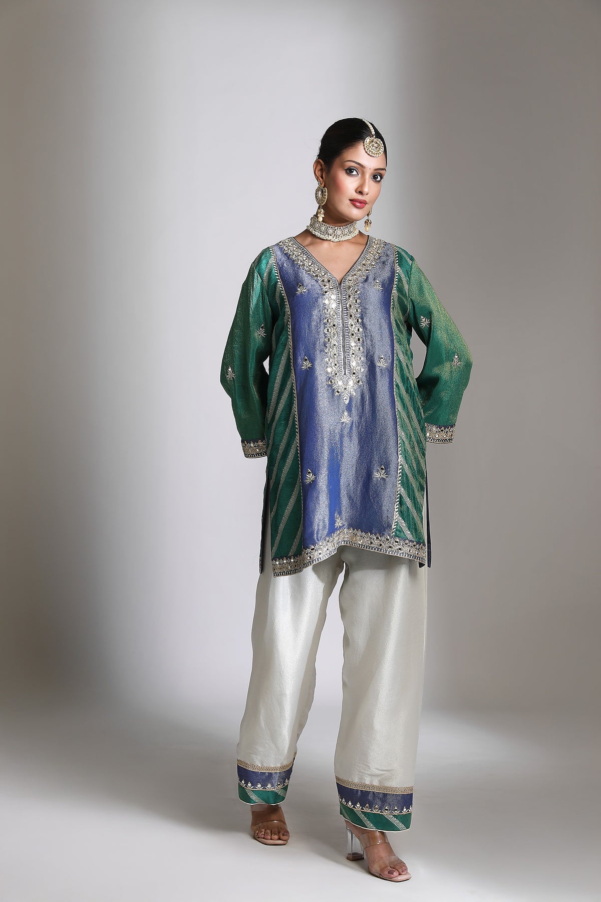 Blue Green Mirror Embroidered Kurta Set of 3