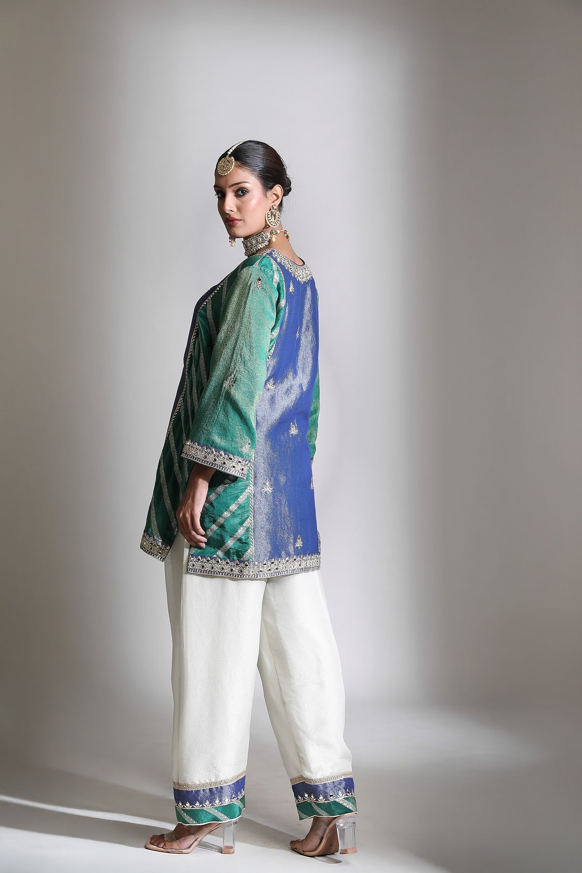 Blue Green Mirror Embroidered Kurta Set of 3