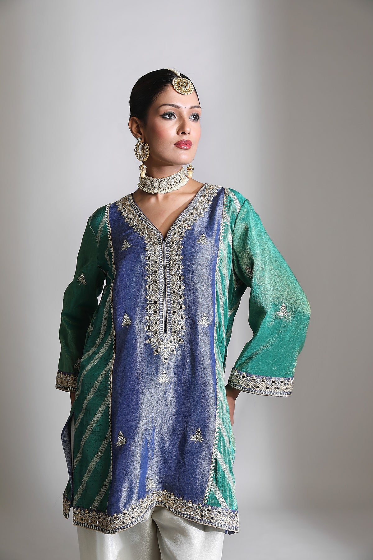 Blue Green Mirror Embroidered Kurta Set of 3