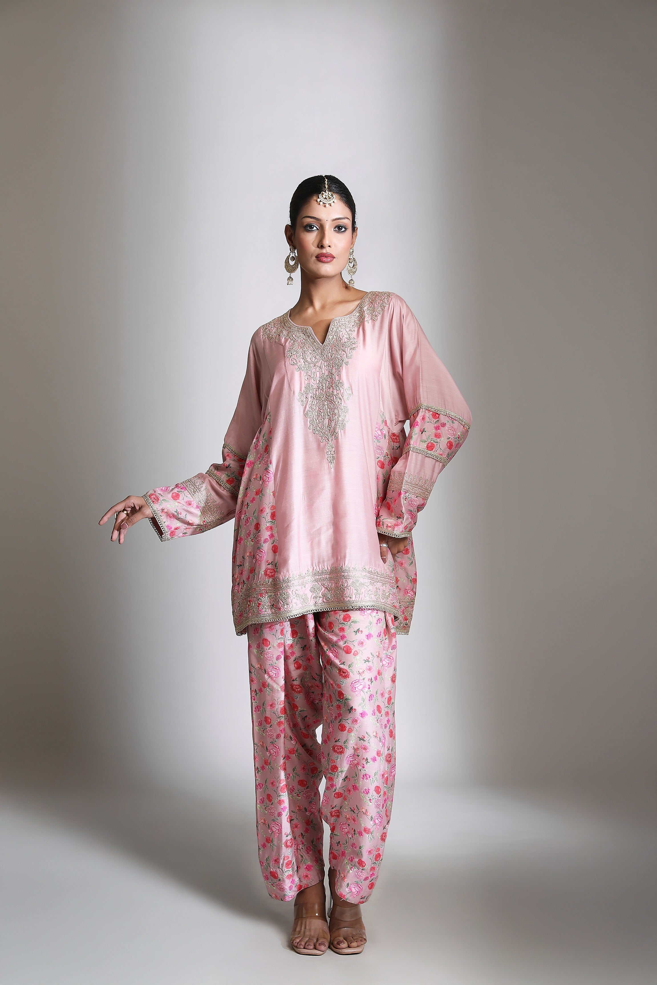 Pink Panel Printed Short Kurta with Salwar & Dupatta Set