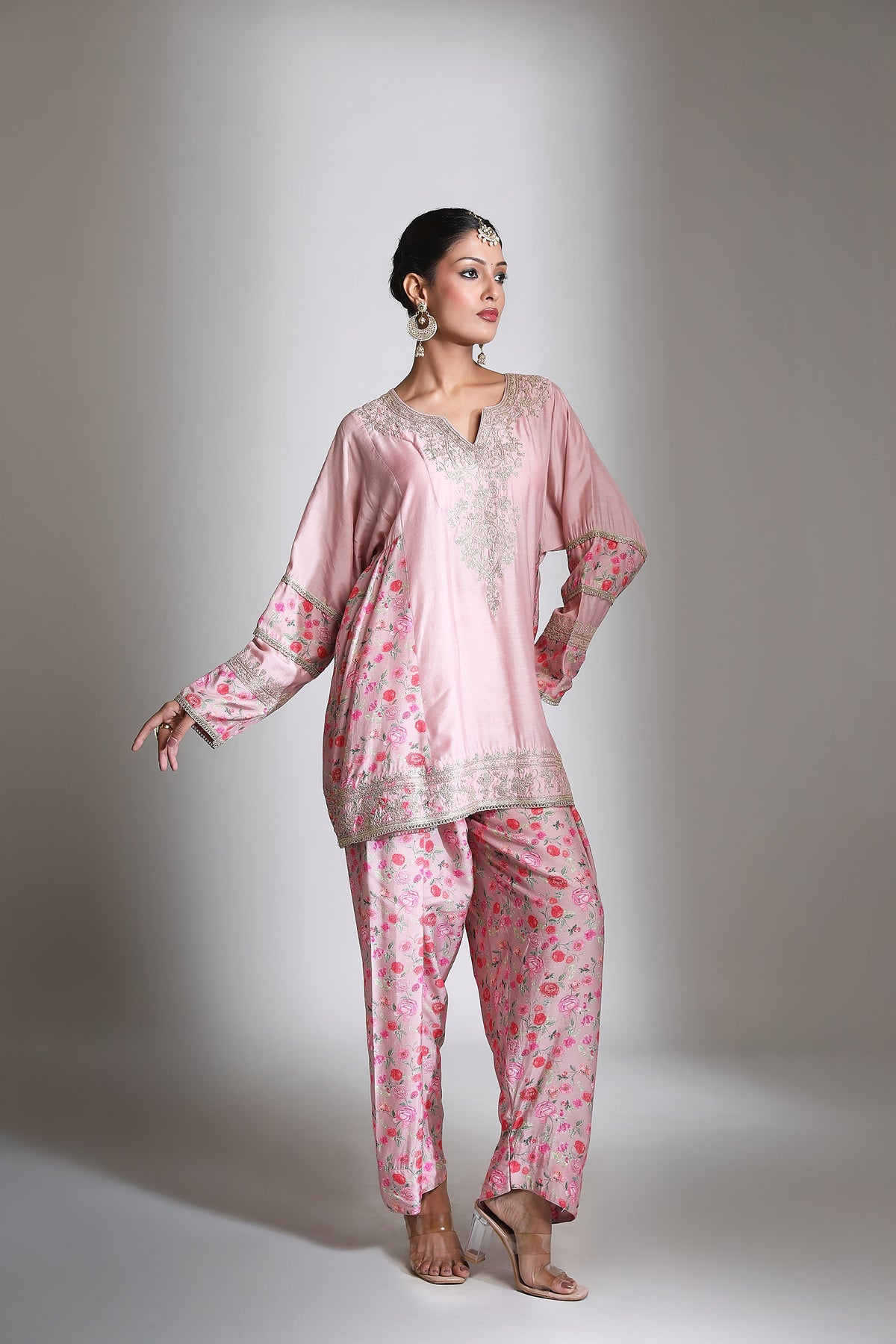 Pink Panel Printed Short Kurta with Salwar & Dupatta Set