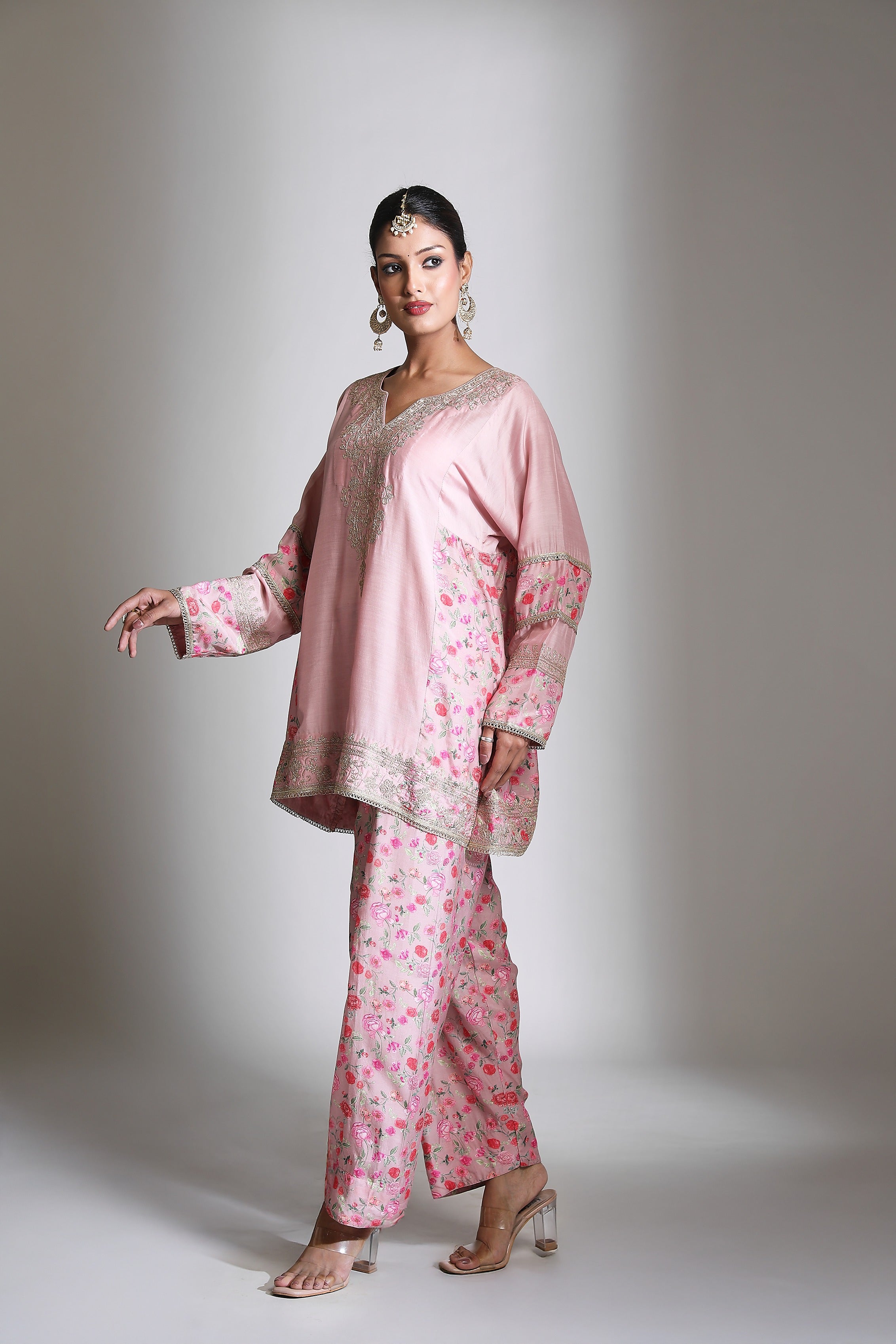 Pink Panel Printed Short Kurta with Salwar & Dupatta Set