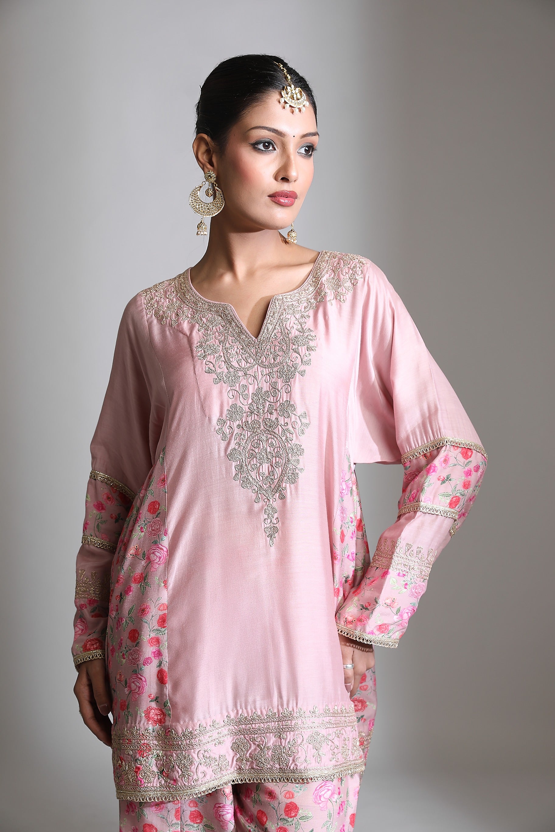 Pink Panel Printed Short Kurta with Salwar & Dupatta Set