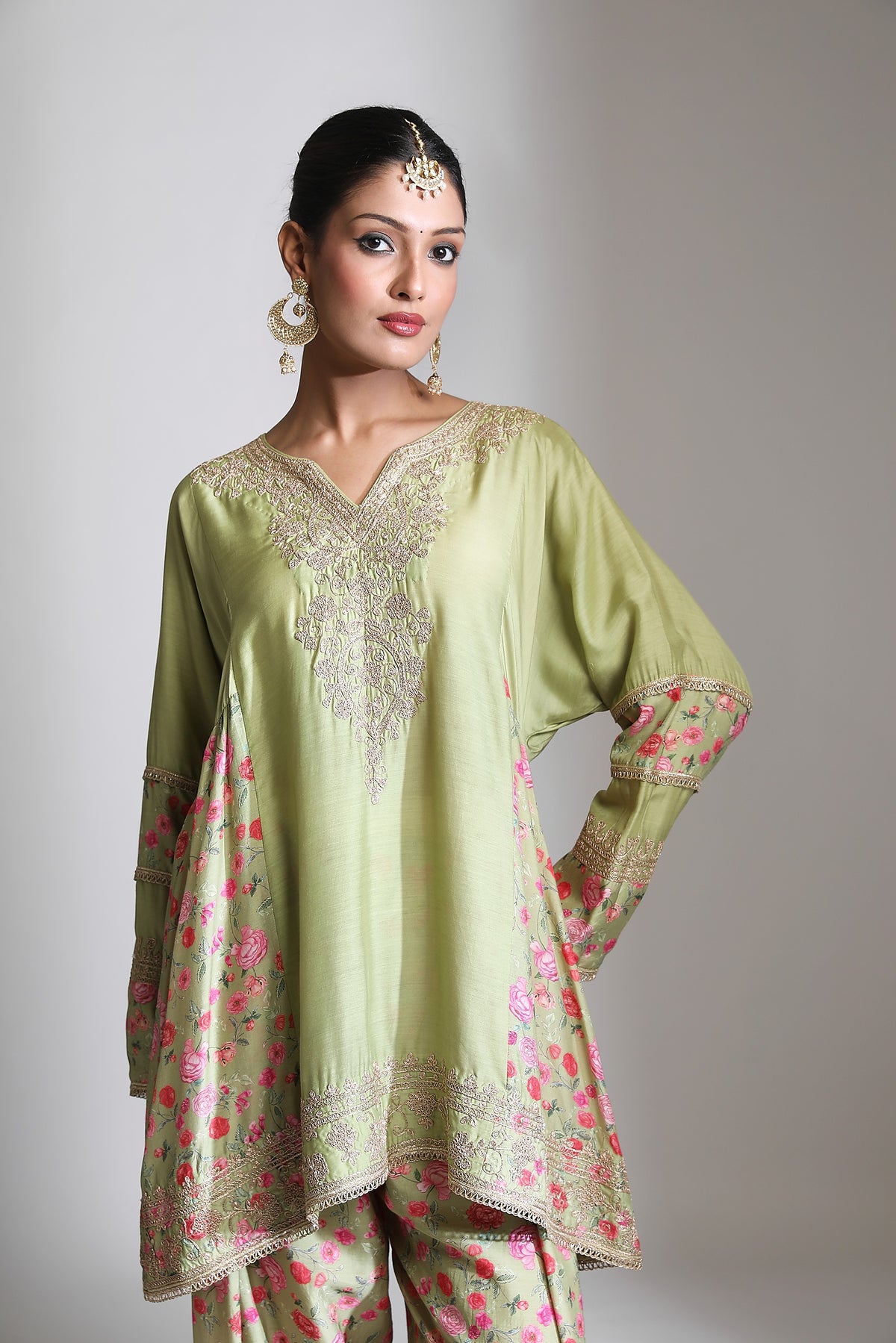 Green Panel Printed Short Kurta with Salwar & Dupatta Set