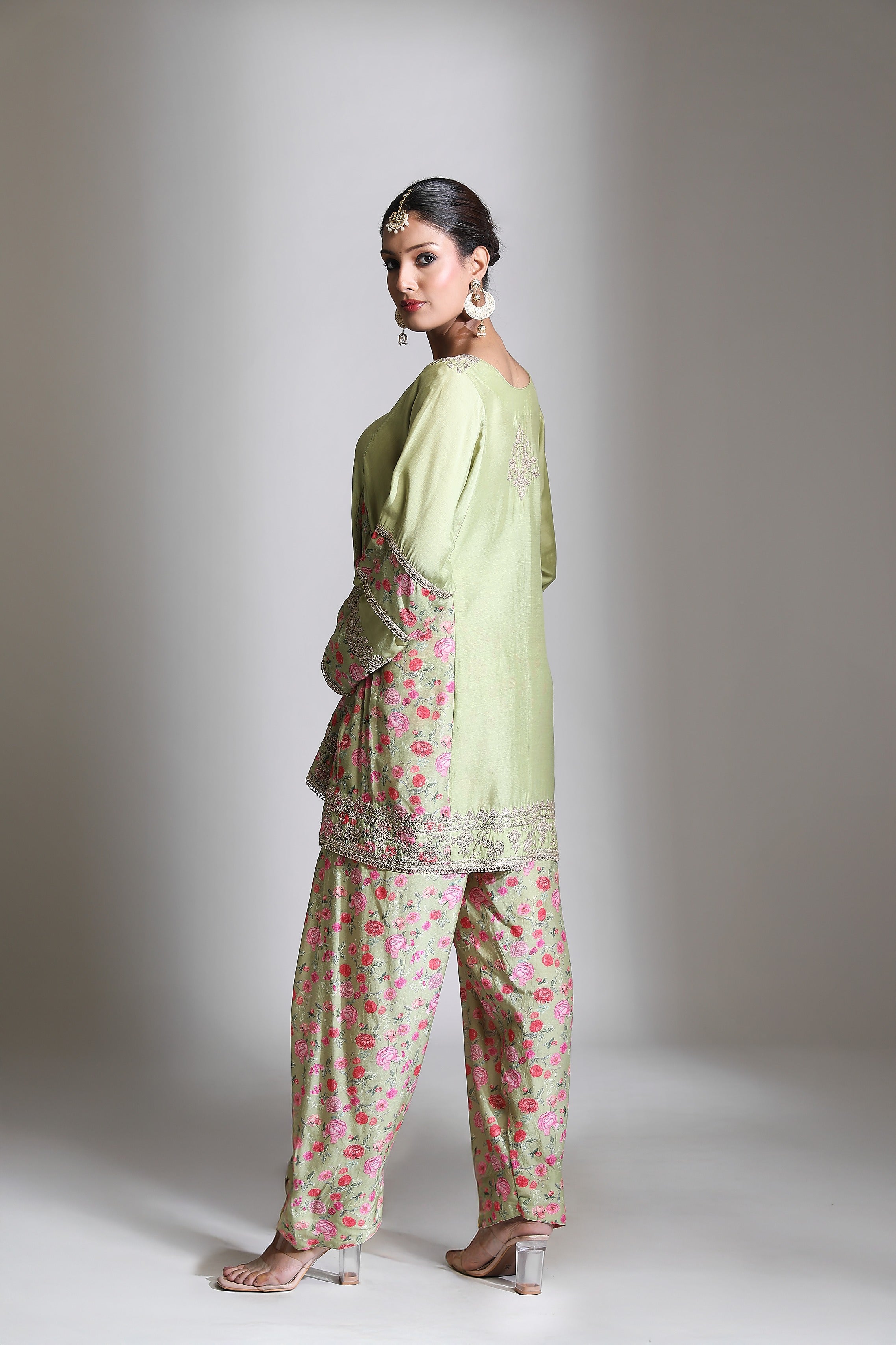 Green Panel Printed Short Kurta with Salwar & Dupatta Set