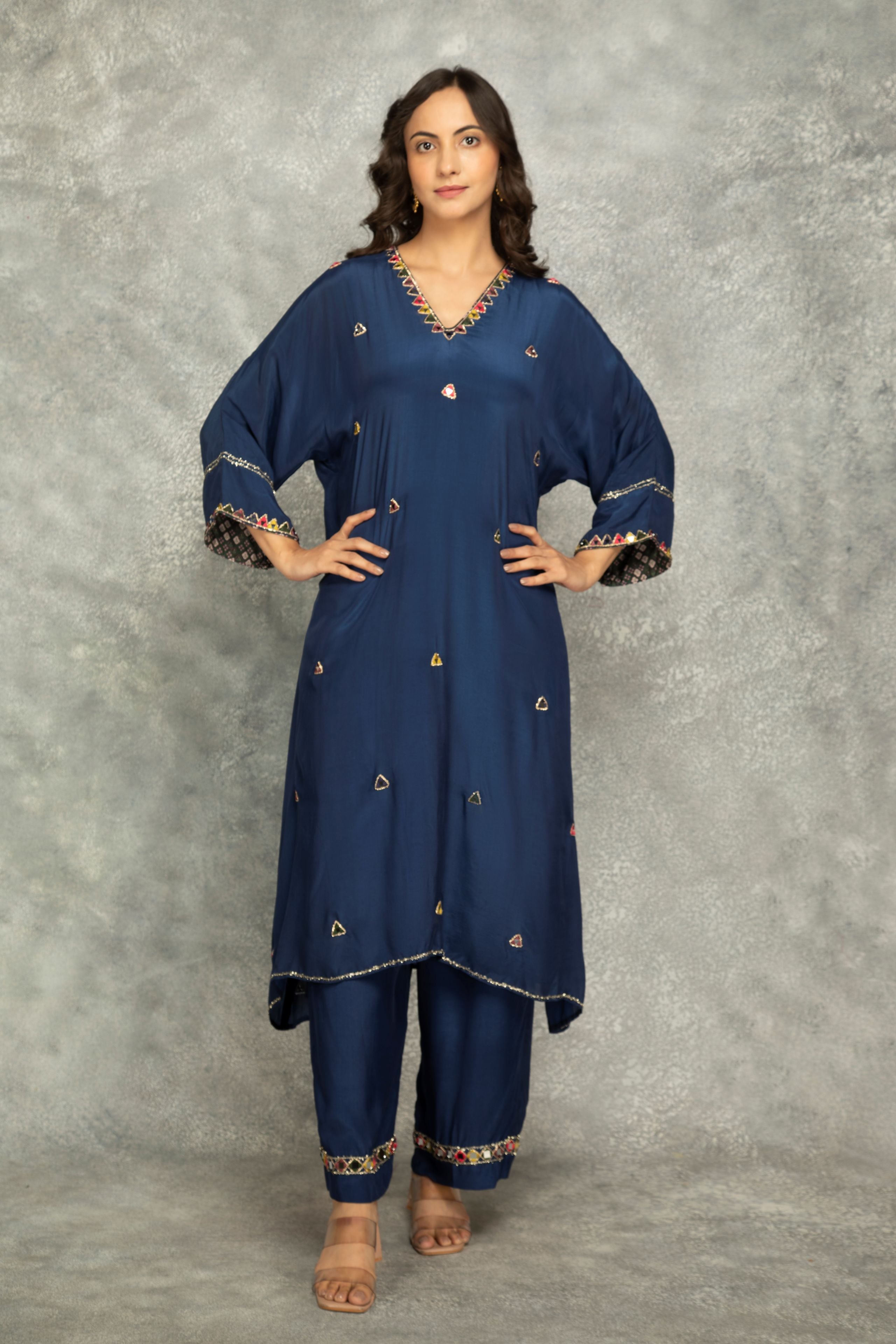 Blue High Low Low Mirror Work Kaftaan Set