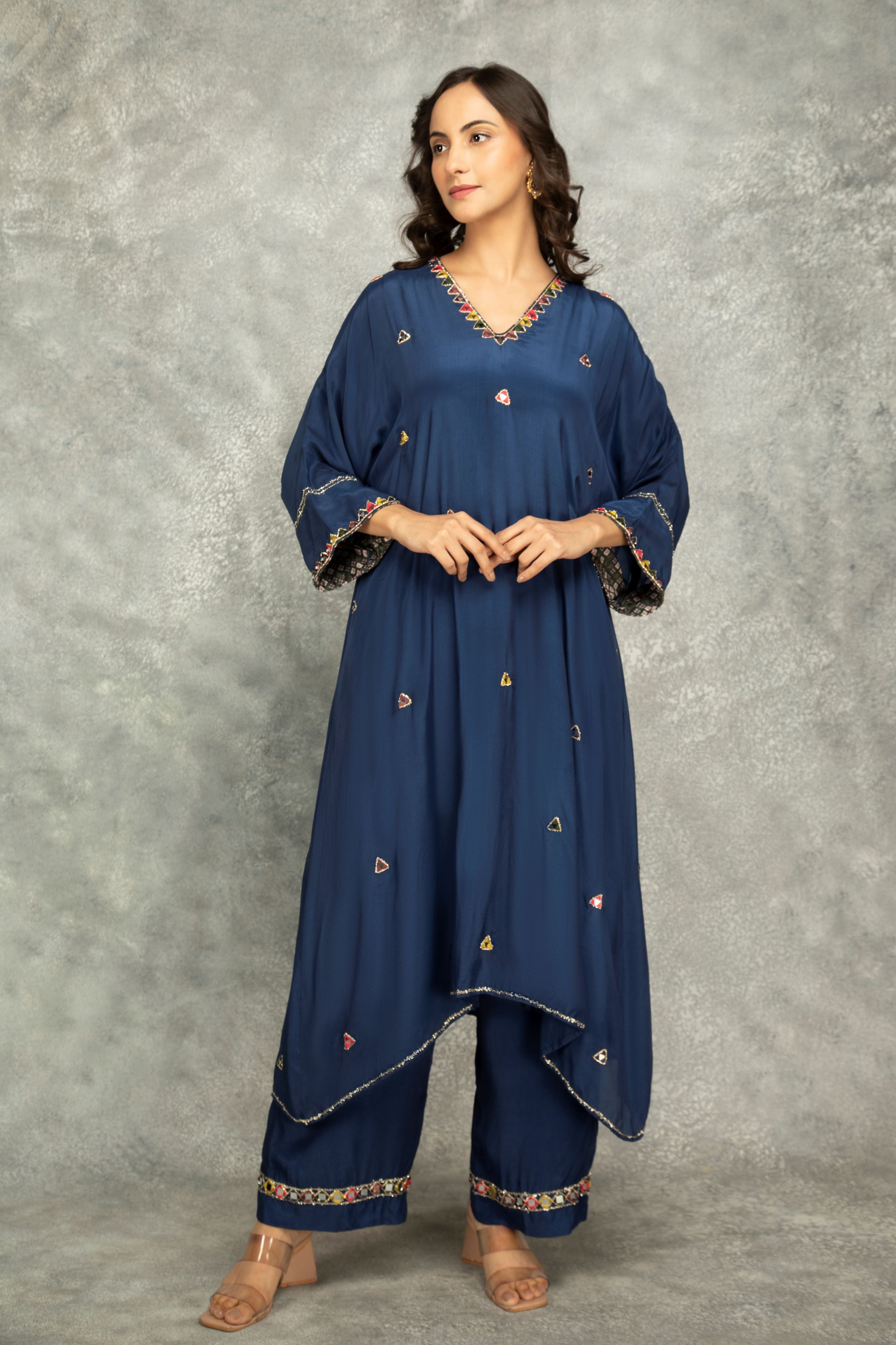 Blue High Low Low Mirror Work Kaftaan Set