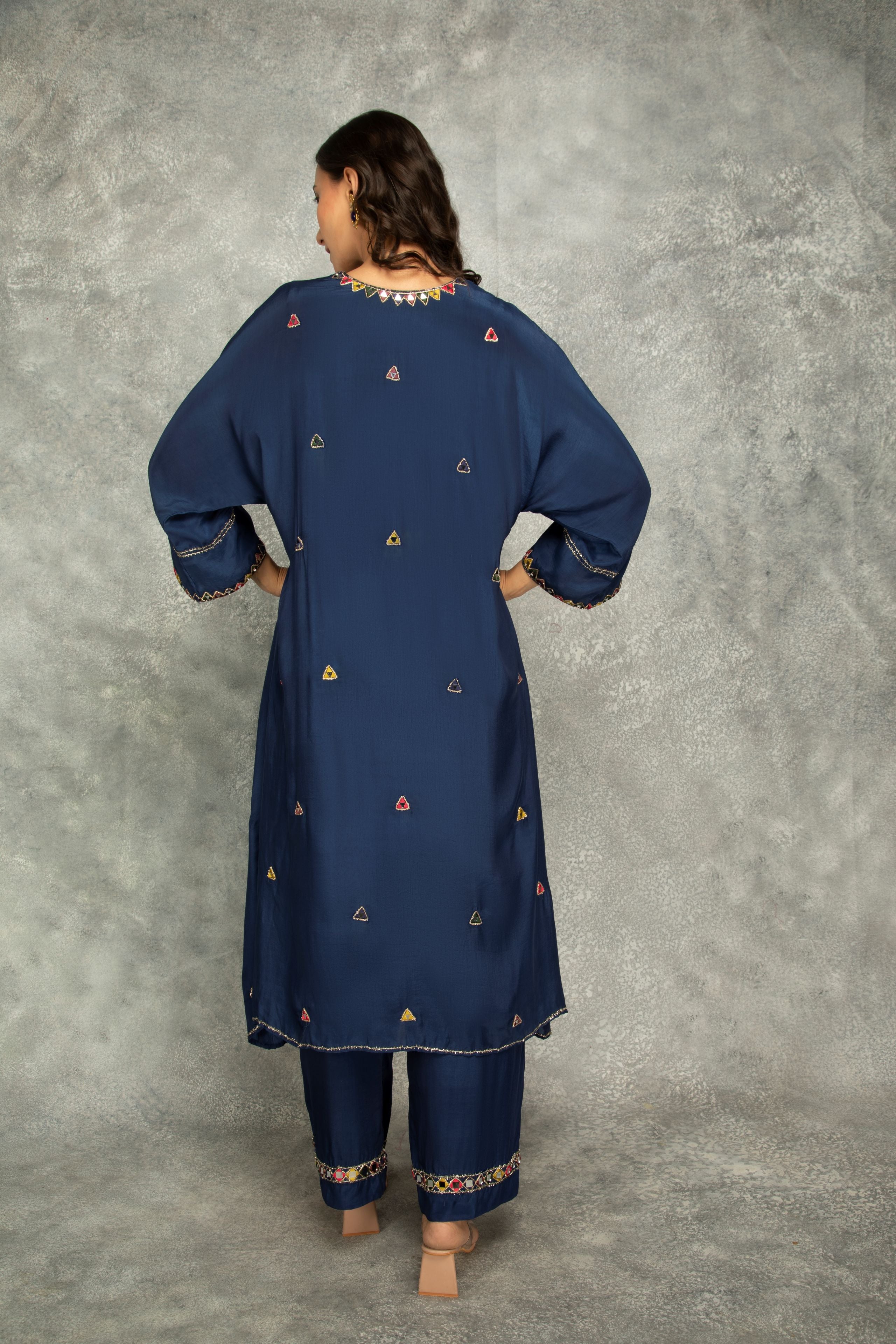 Blue High Low Low Mirror Work Kaftaan Set