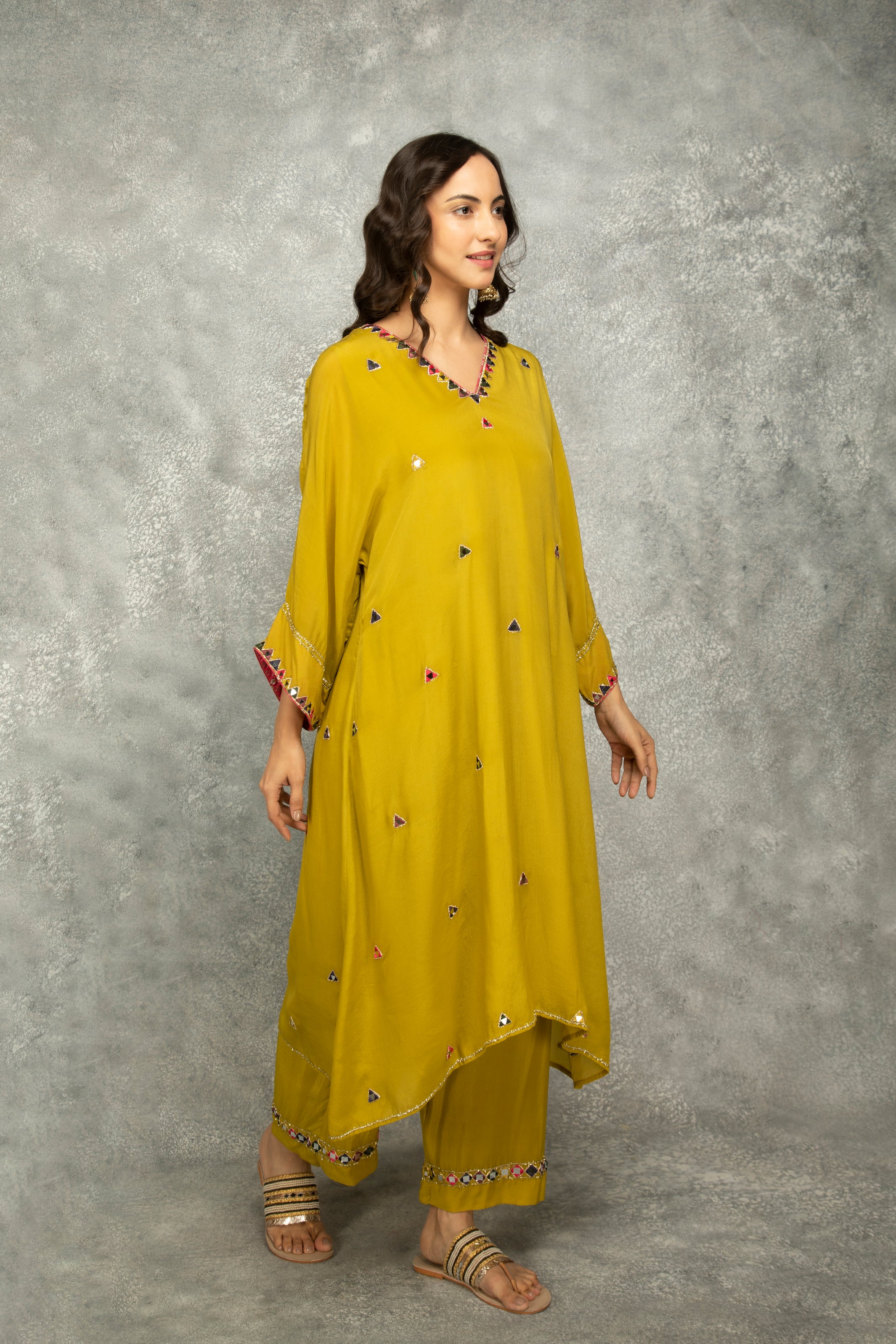 Mustard Green High Low Low Mirror Work Kaftaan Set