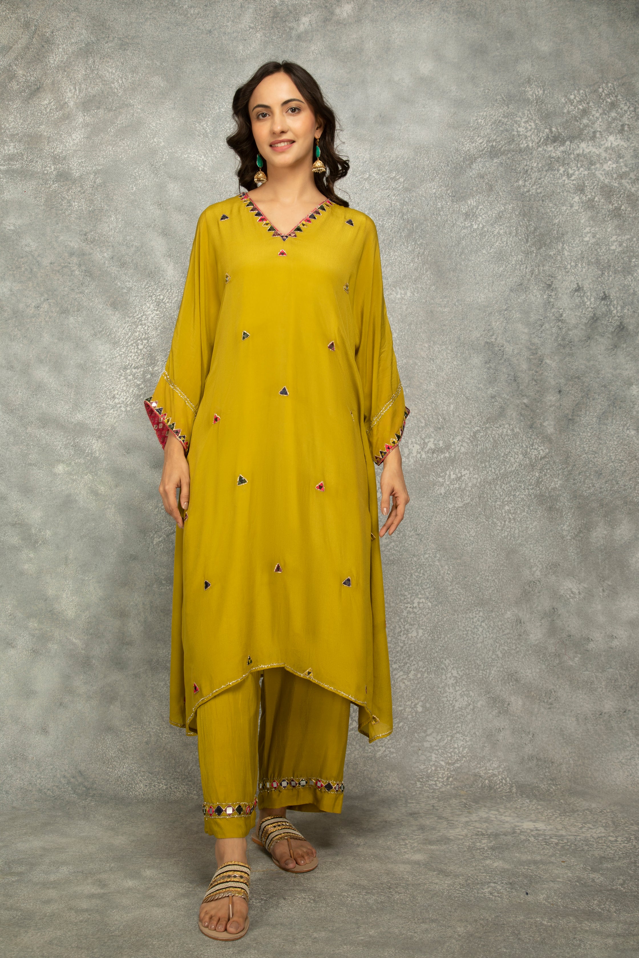 Mustard Green High Low Low Mirror Work Kaftaan Set