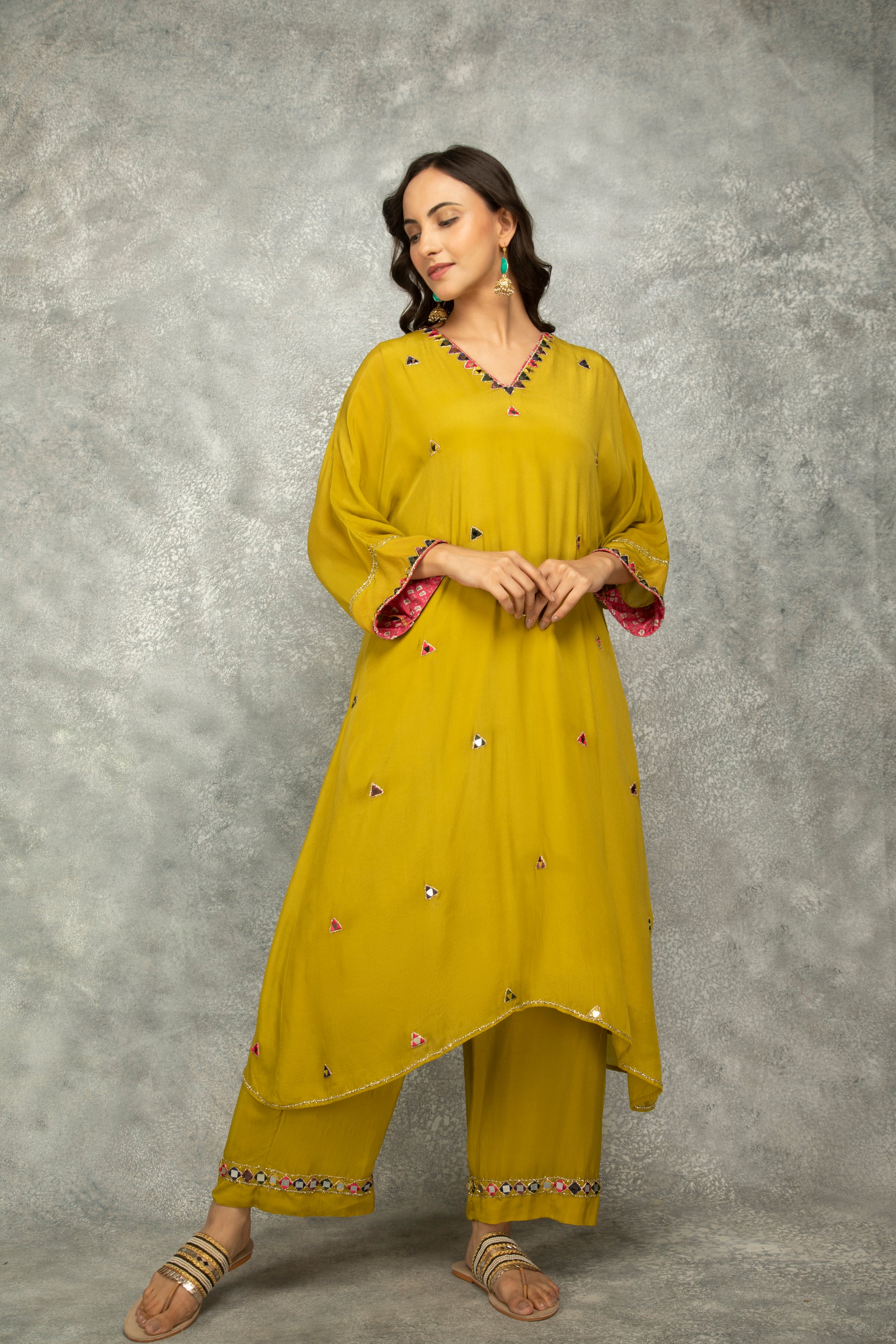 Mustard Green High Low Low Mirror Work Kaftaan Set