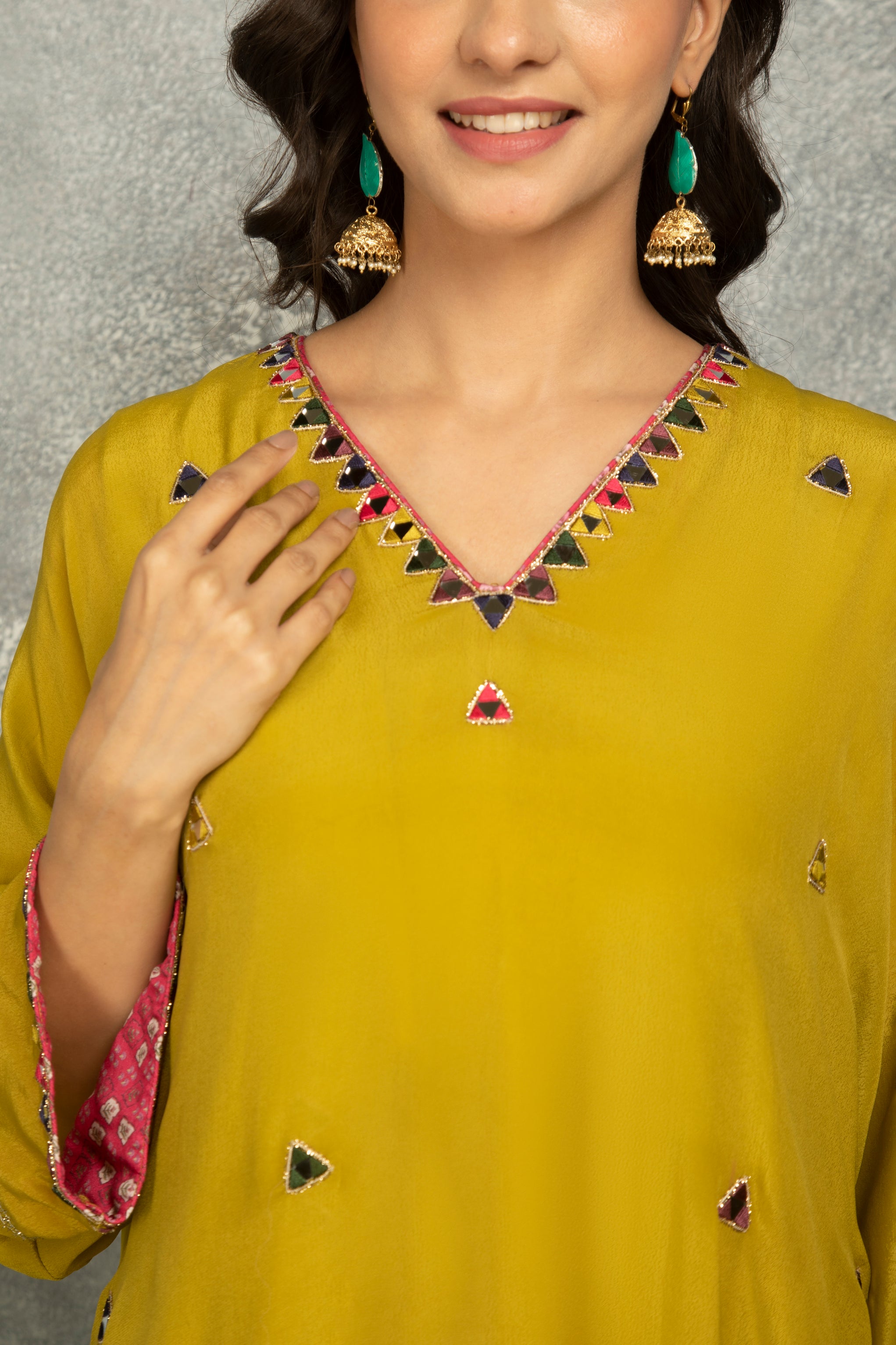 Mustard Green High Low Low Mirror Work Kaftaan Set