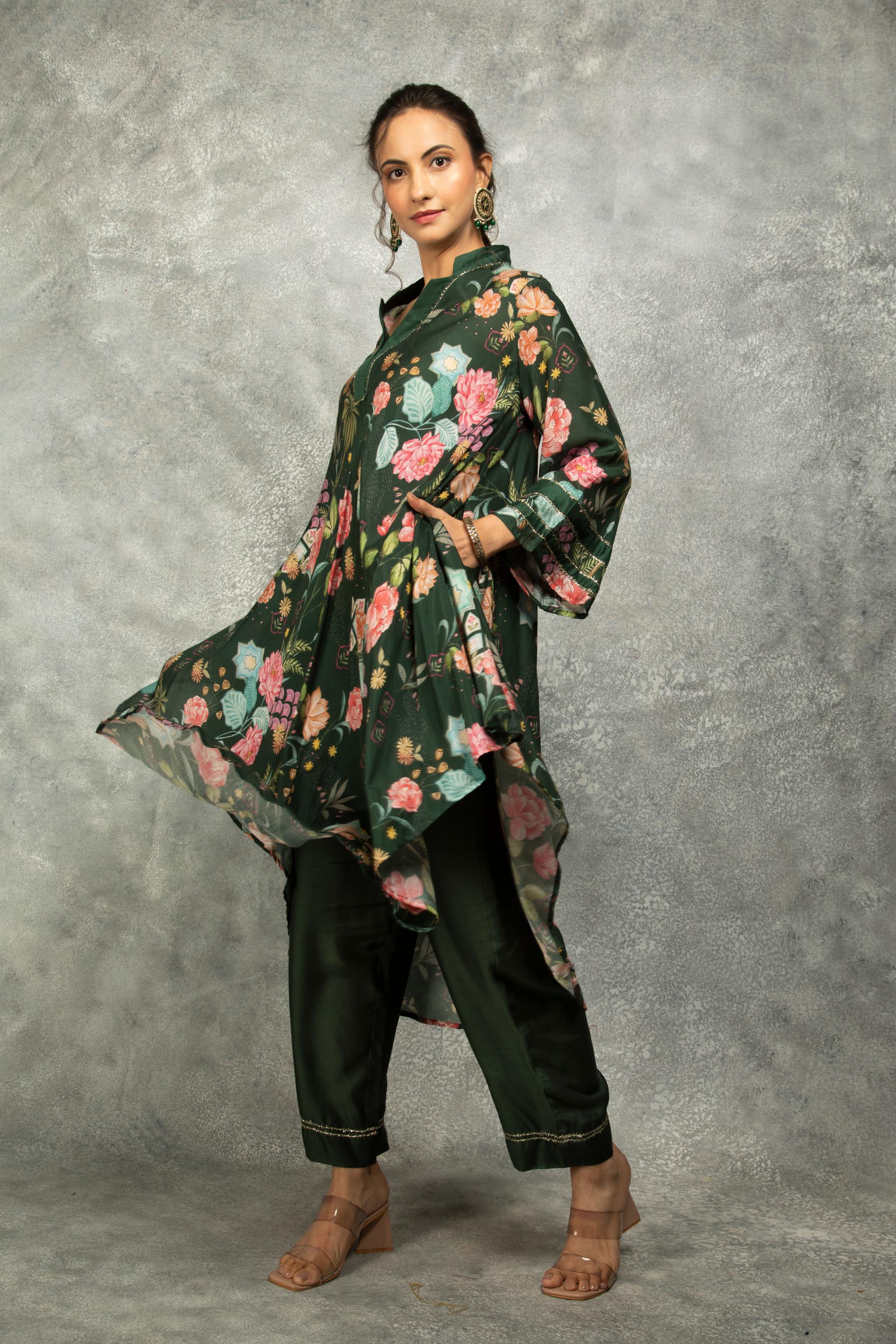 Forest Green Printed High Low Kurta with Solid Pants