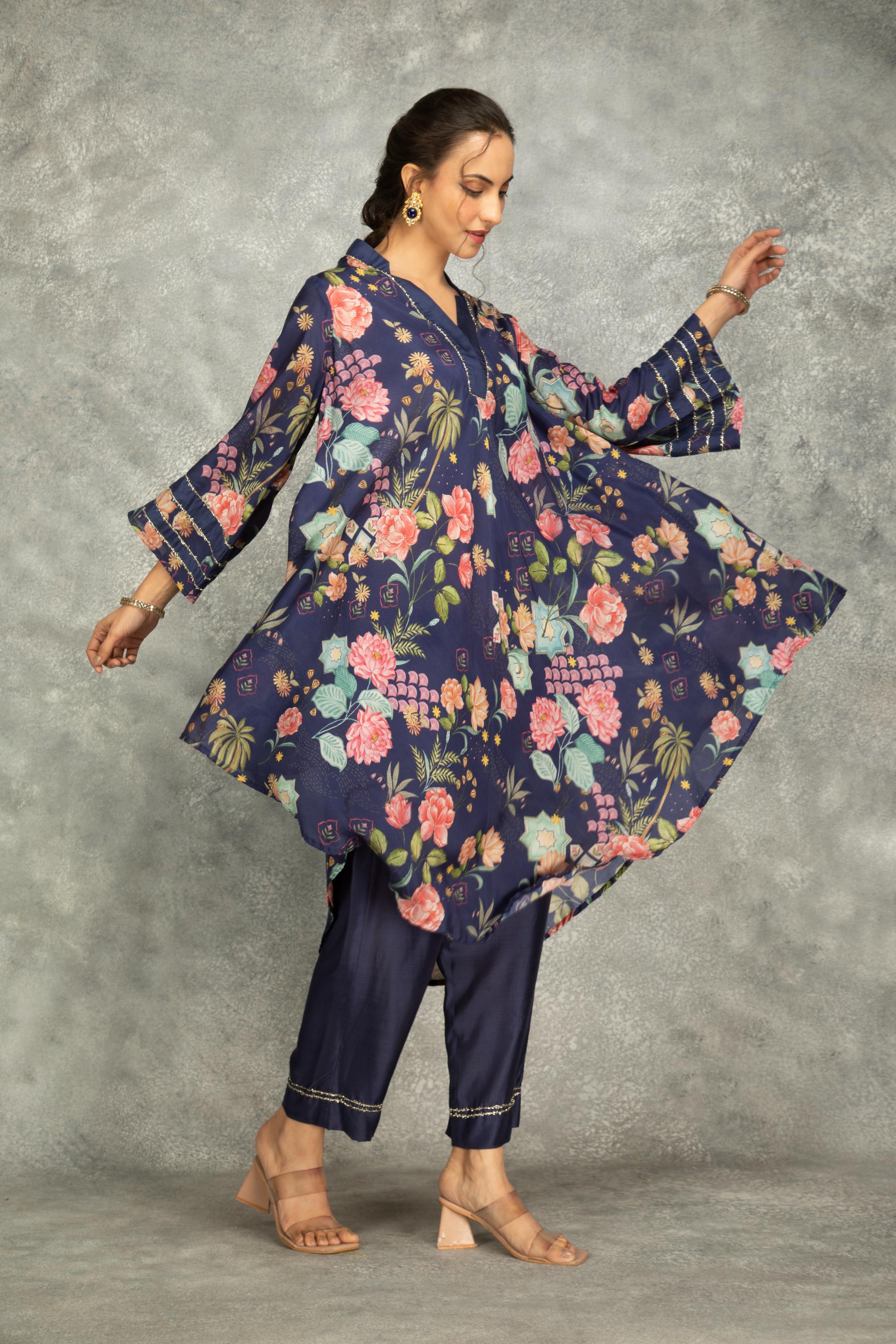 Blue Printed High Low Kurta with Solid Pants