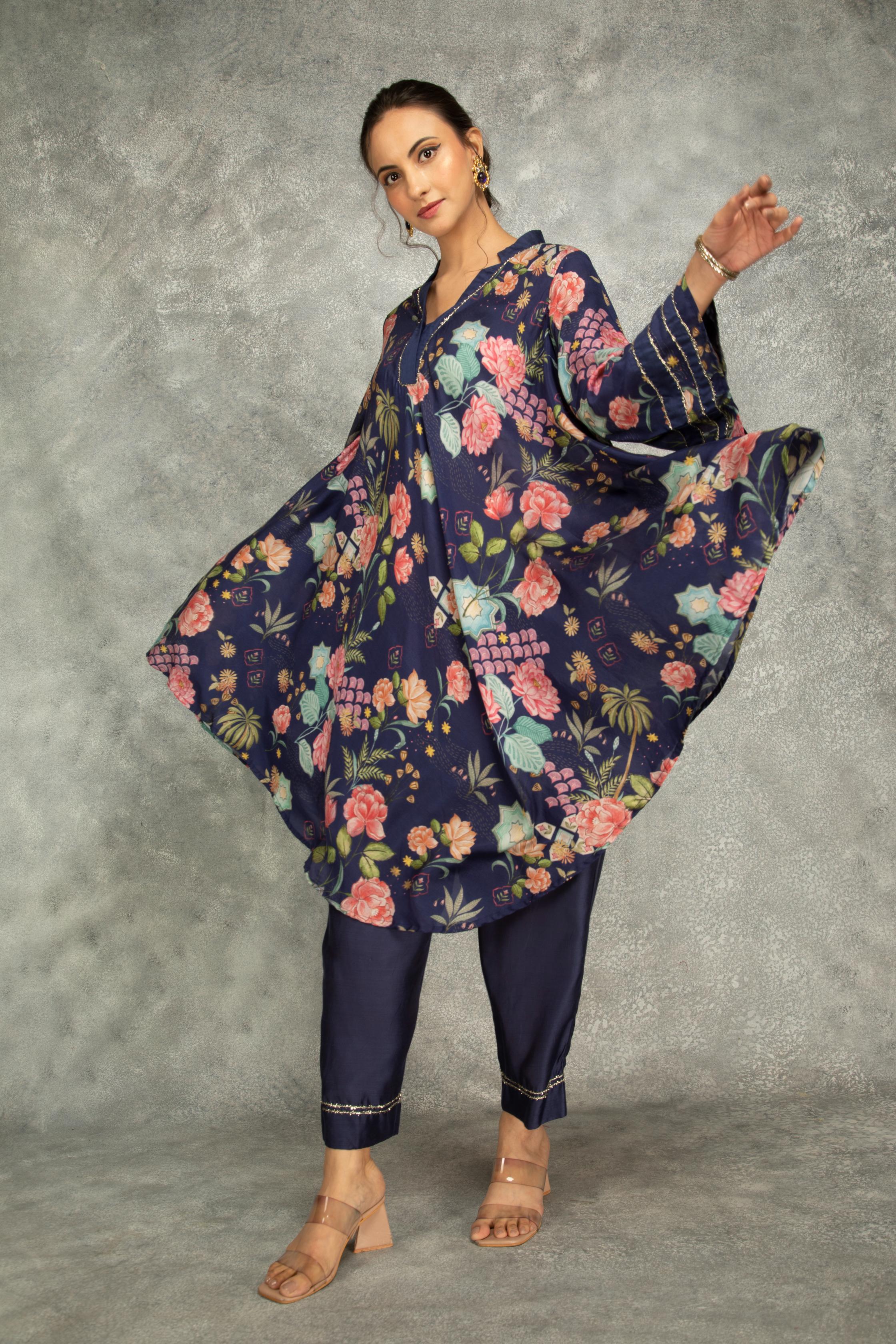 Blue Printed High Low Kurta with Solid Pants