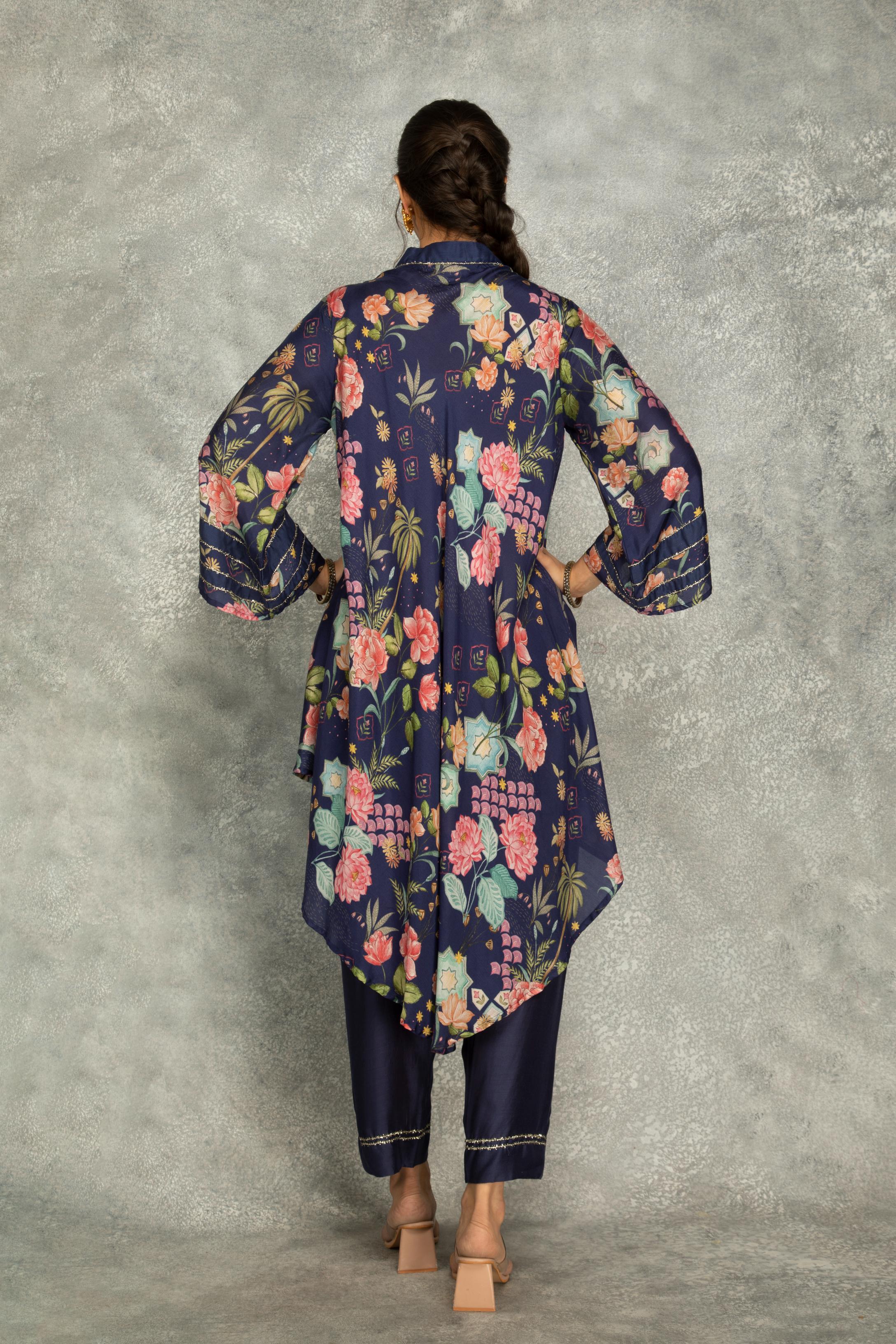 Blue Printed High Low Kurta with Solid Pants