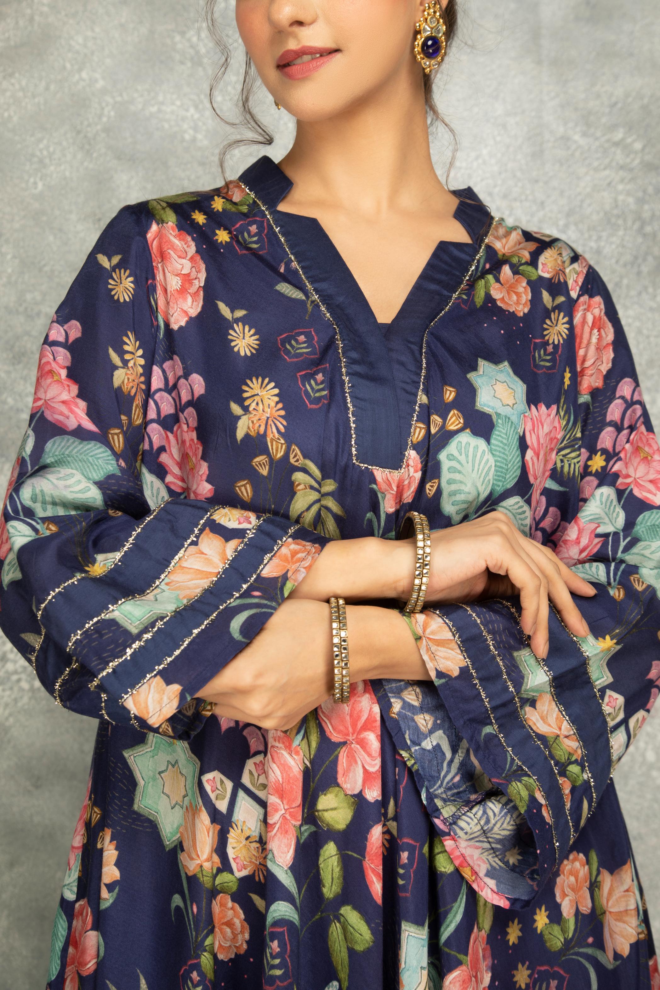 Blue Printed High Low Kurta with Solid Pants