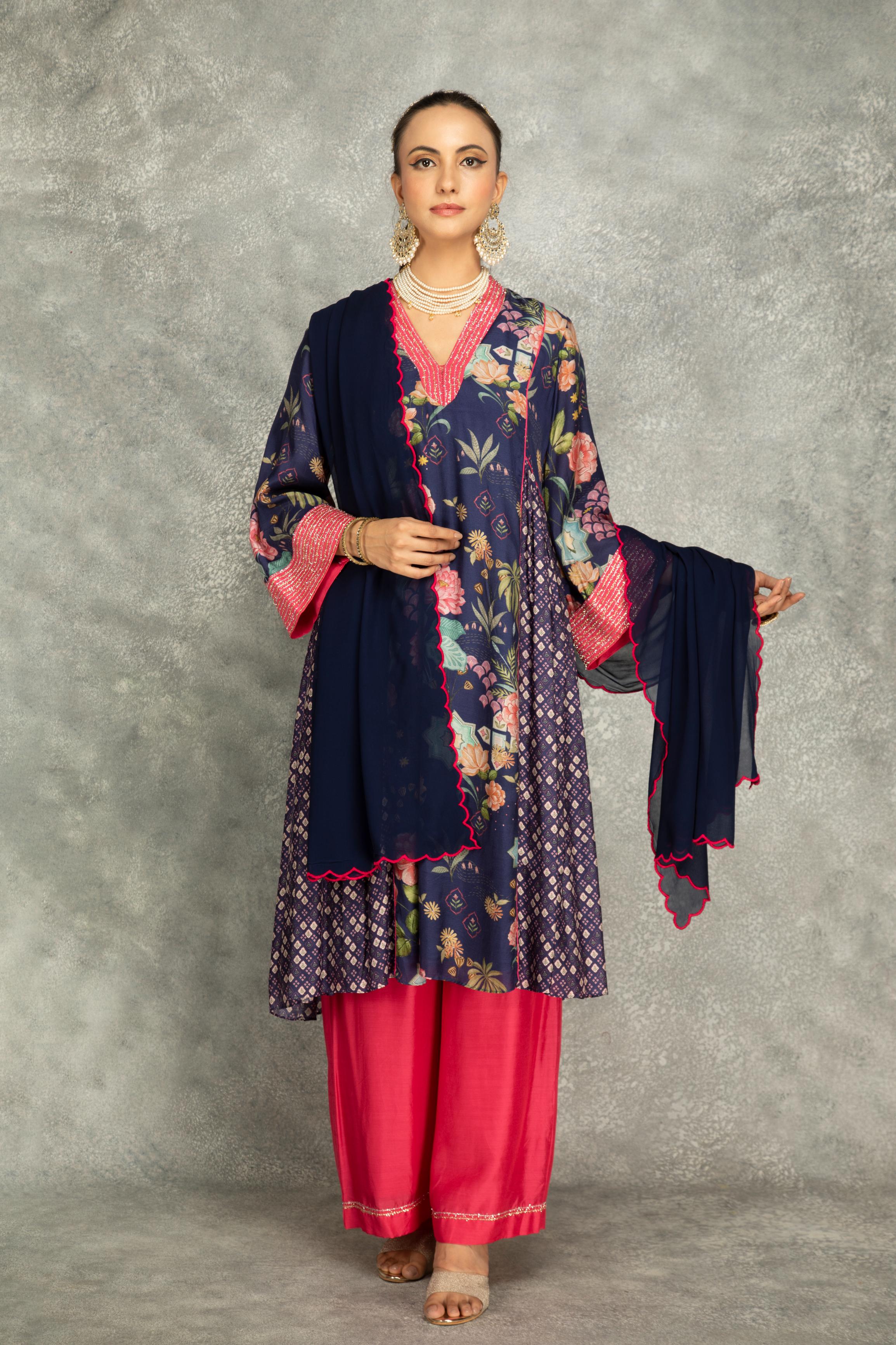 Blue Side Panel Buti Kurta with Scalloping Dupatta