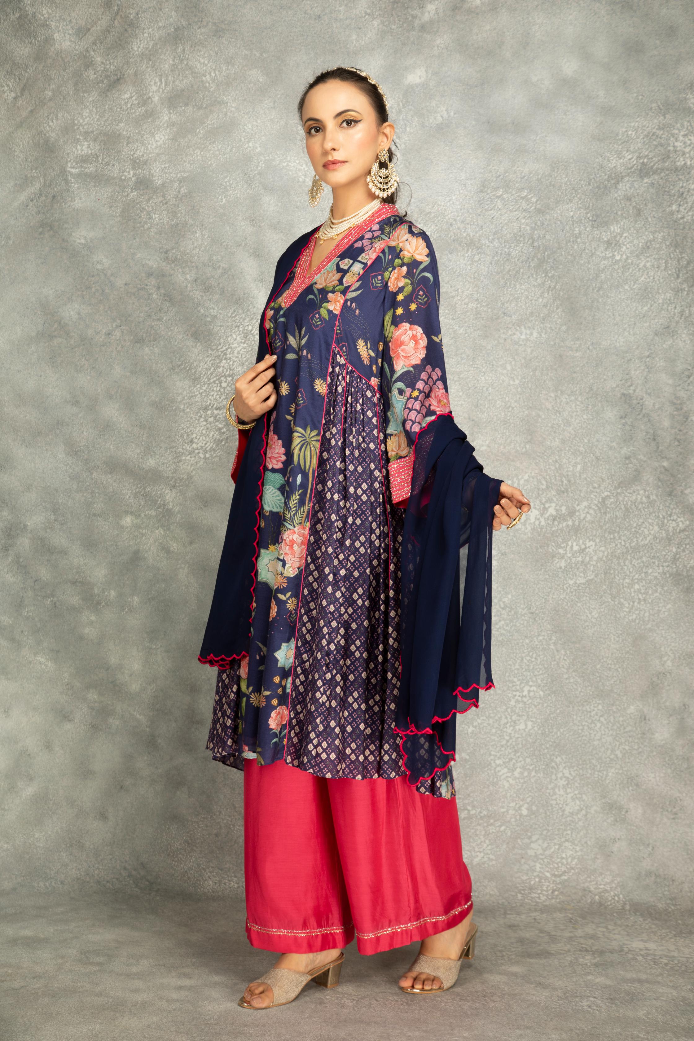 Blue Side Panel Buti Kurta with Scalloping Dupatta