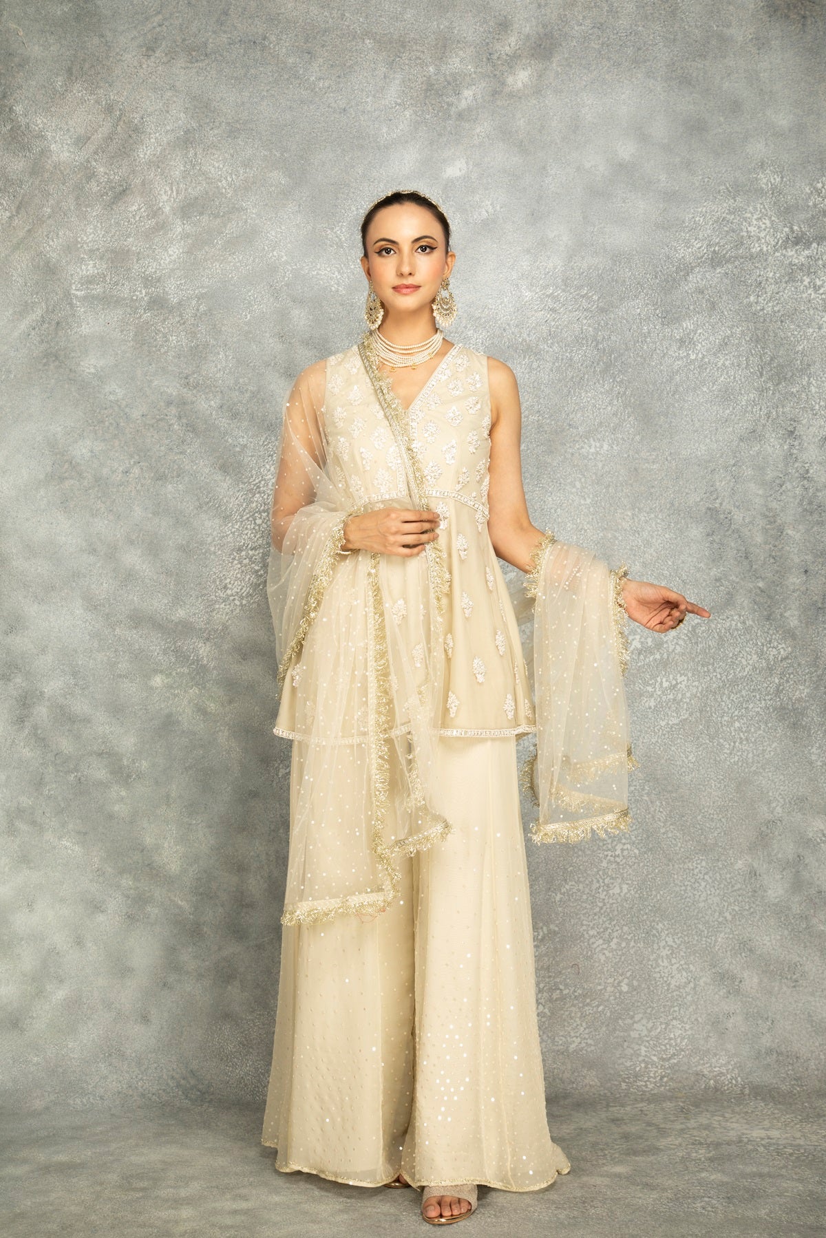 Ivory Organza Embroidered Sharara Set
