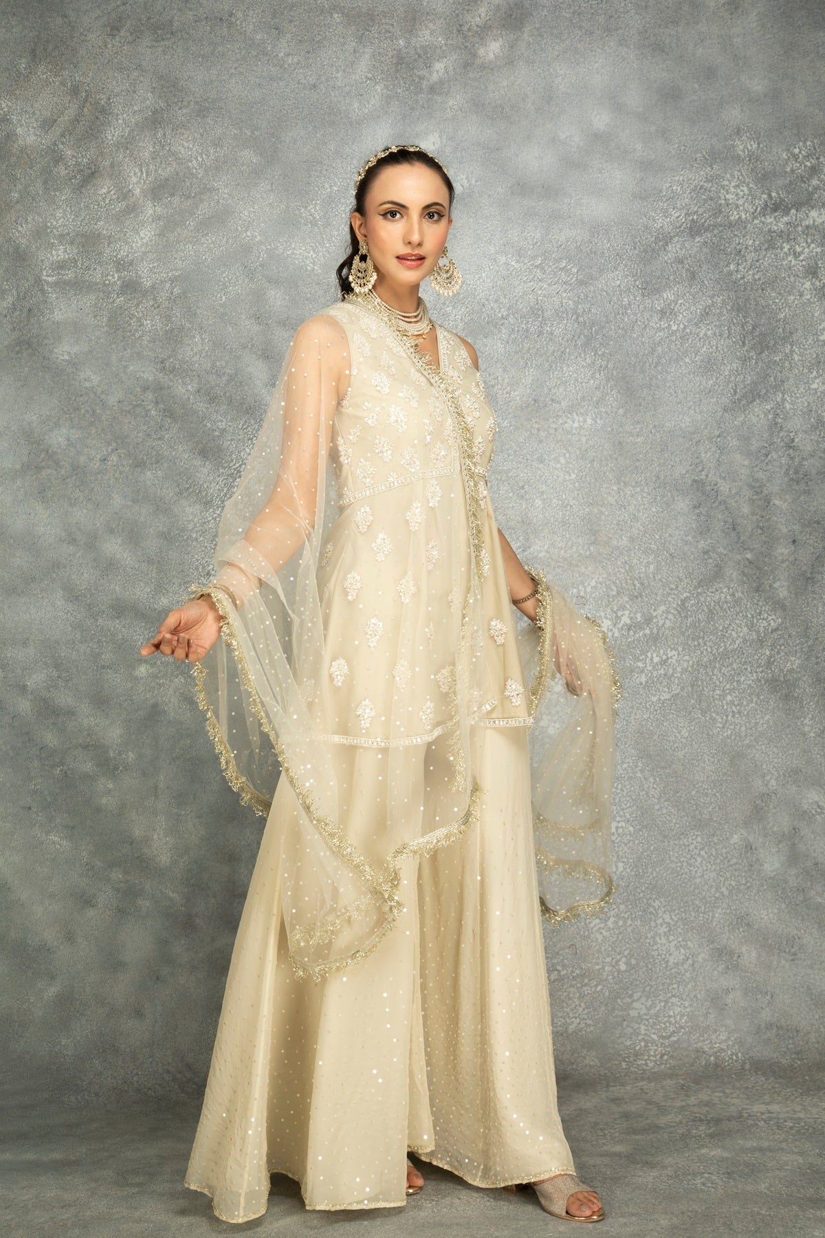 Ivory Organza Embroidered Sharara Set
