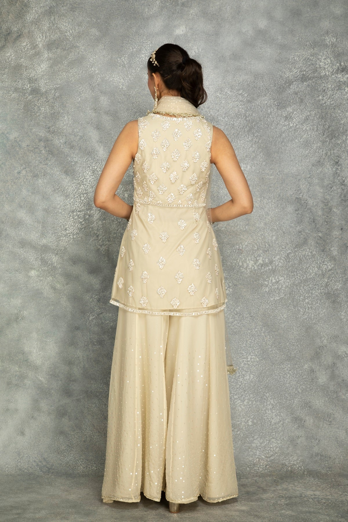 Ivory Organza Embroidered Sharara Set