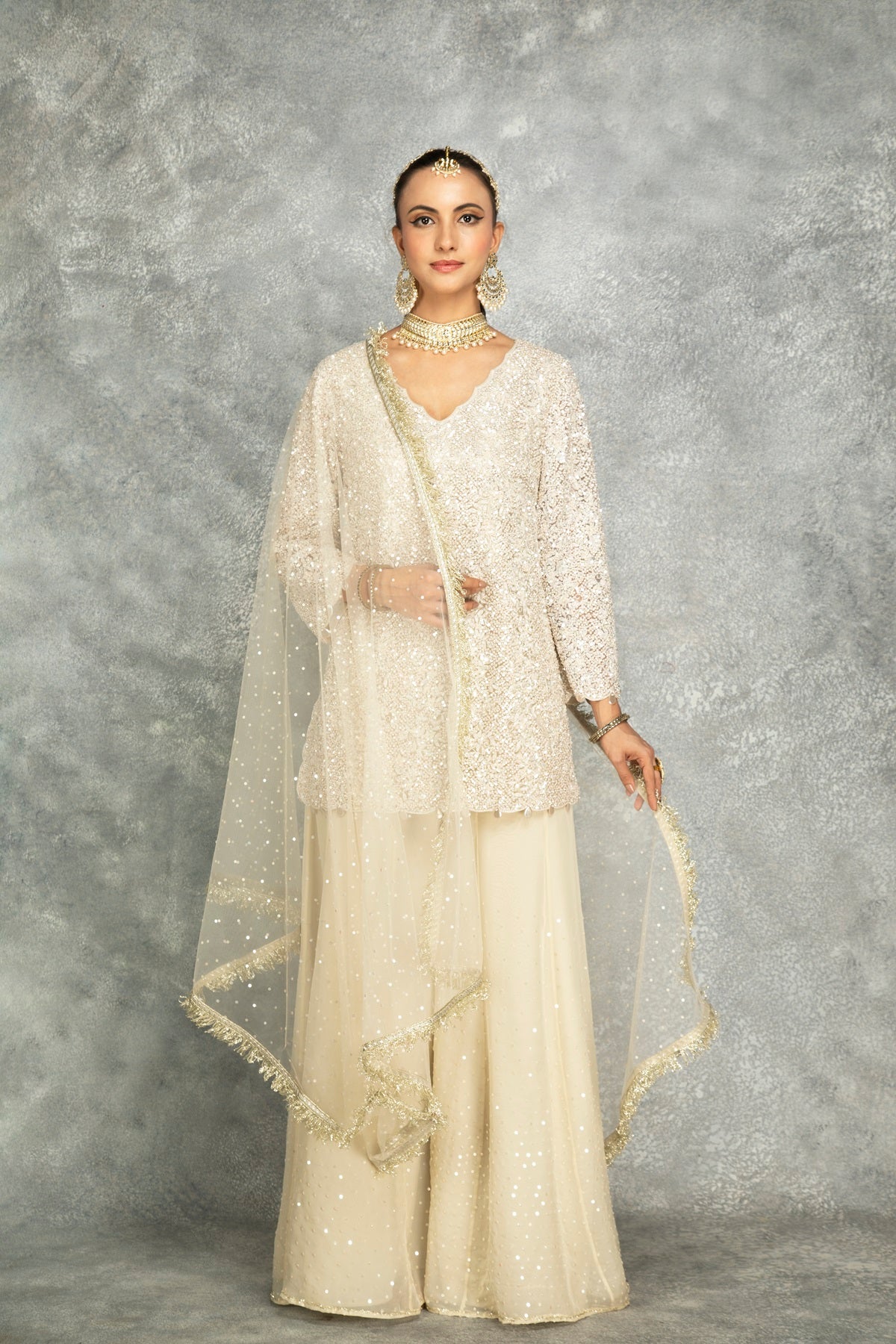 Ivory Organza Embroidered Sharara Set