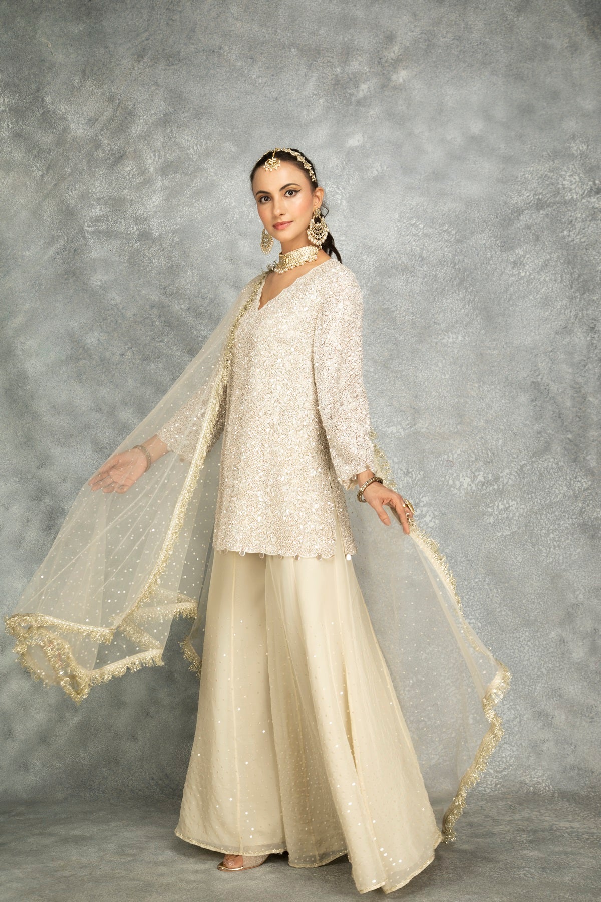 Ivory Organza Embroidered Sharara Set