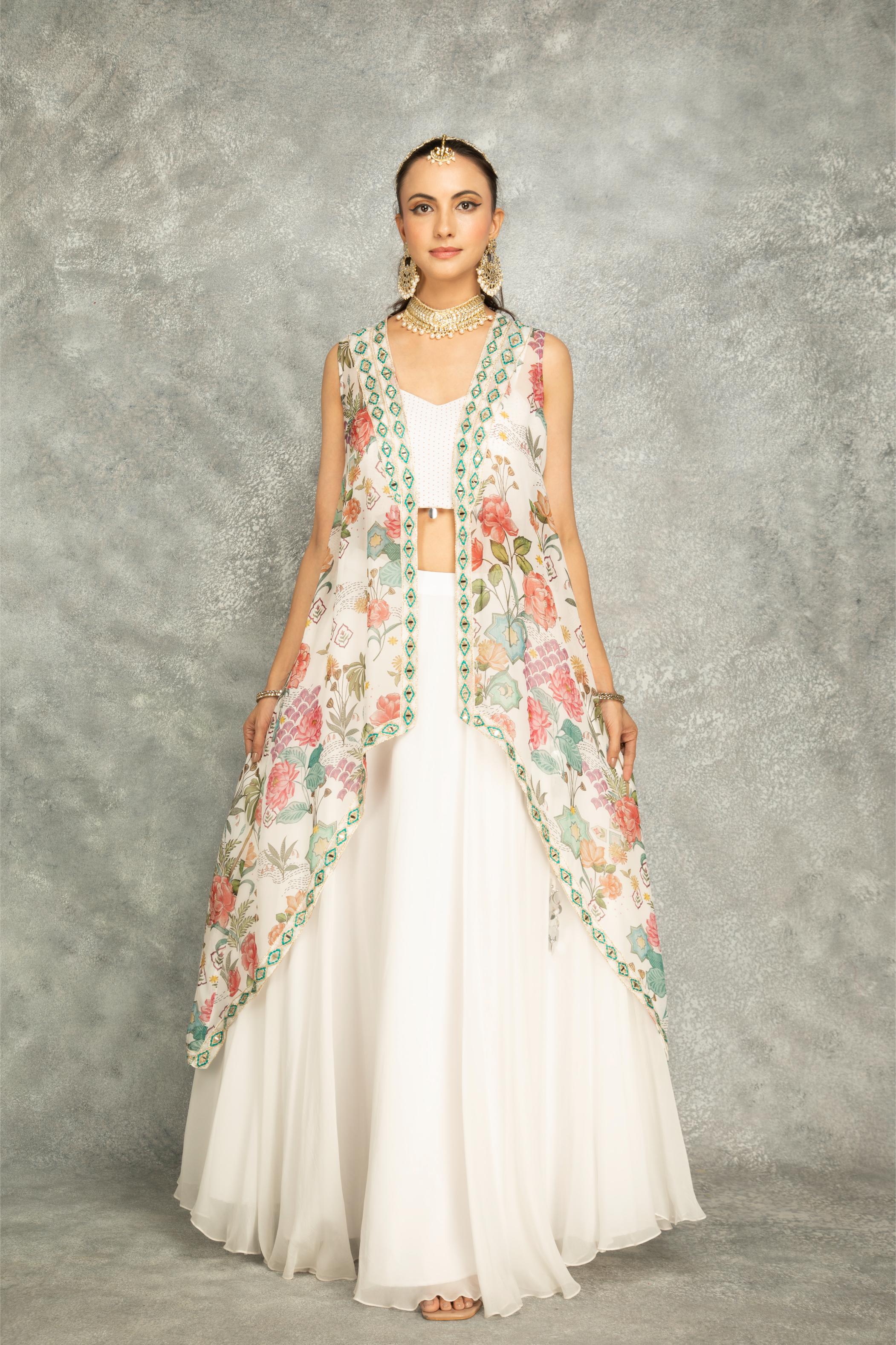 White Mirror Embroidered Cape w/Skirt and Spaghetti Crop Top