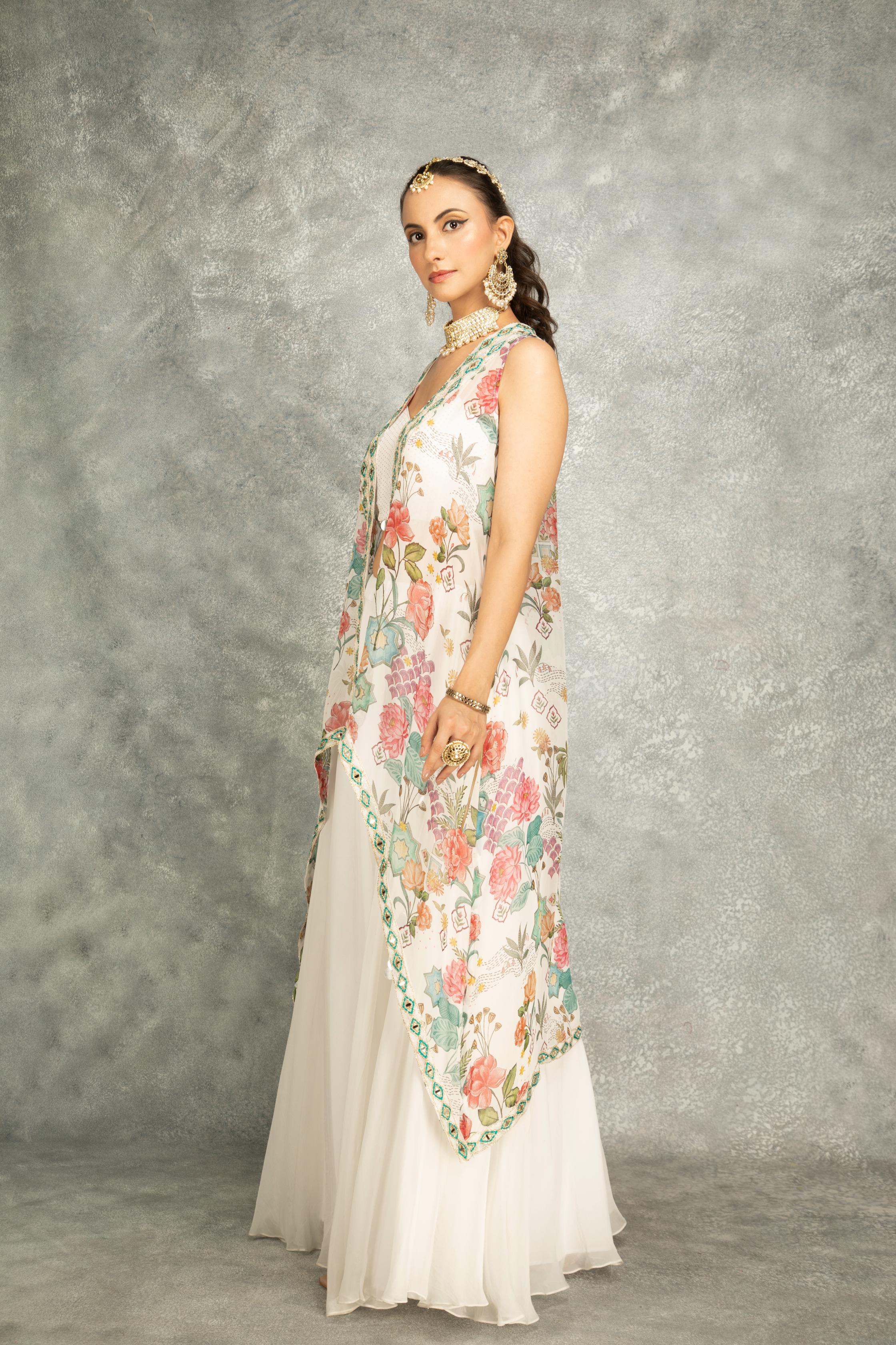White Mirror Embroidered Cape w/Skirt and Spaghetti Crop Top