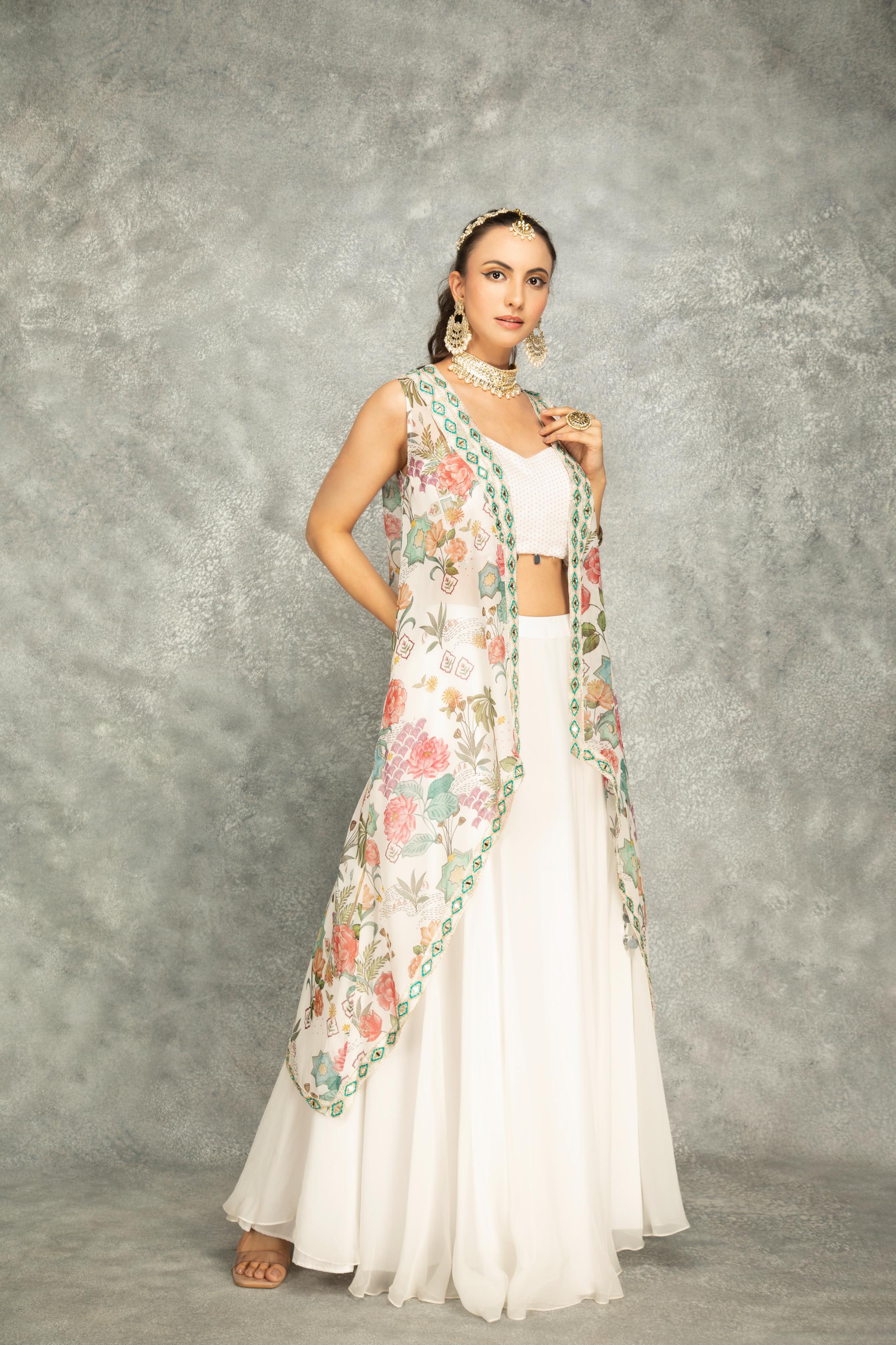 White Mirror Embroidered Cape w/Skirt and Spaghetti Crop Top