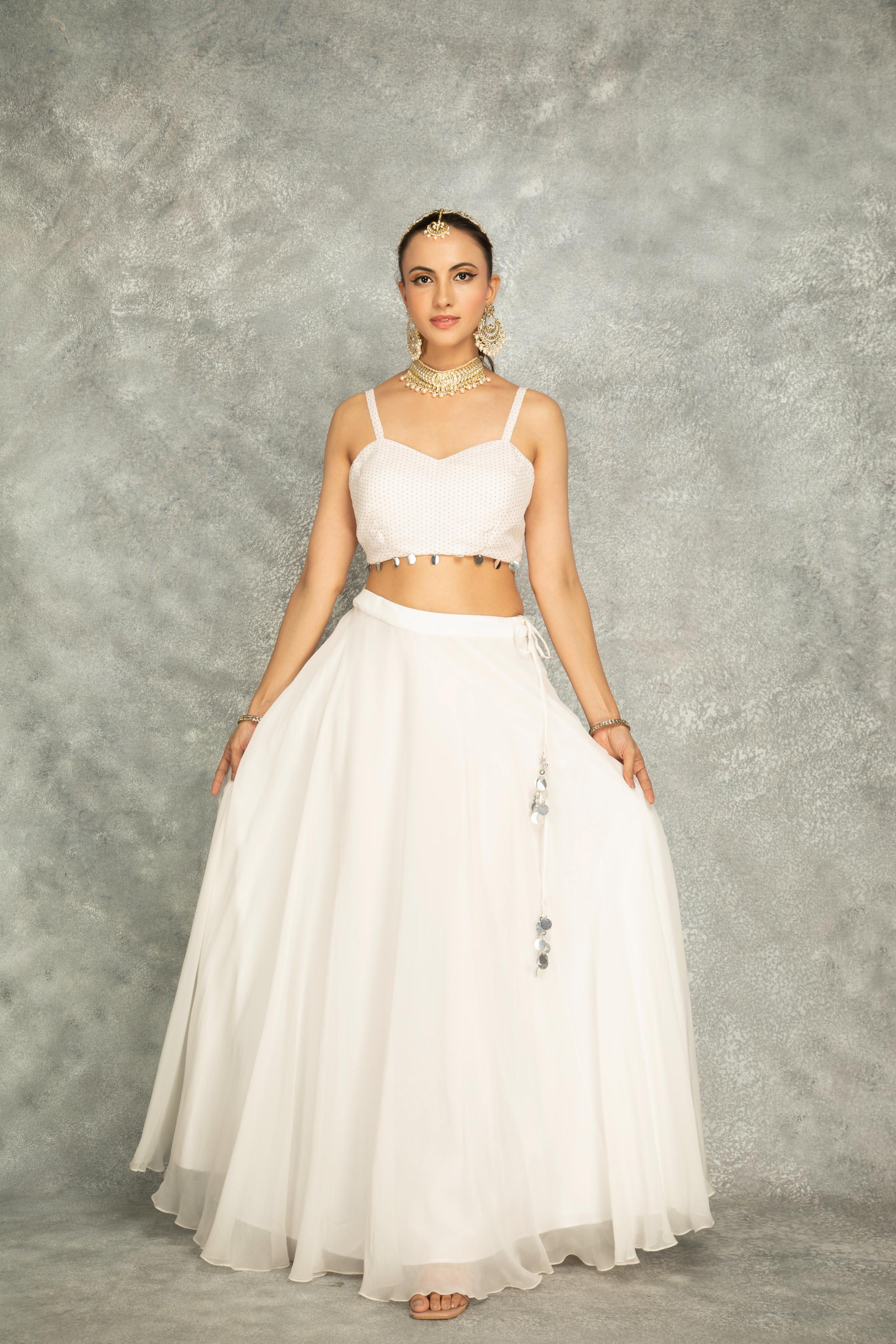 White Mirror Embroidered Cape w/Skirt and Spaghetti Crop Top