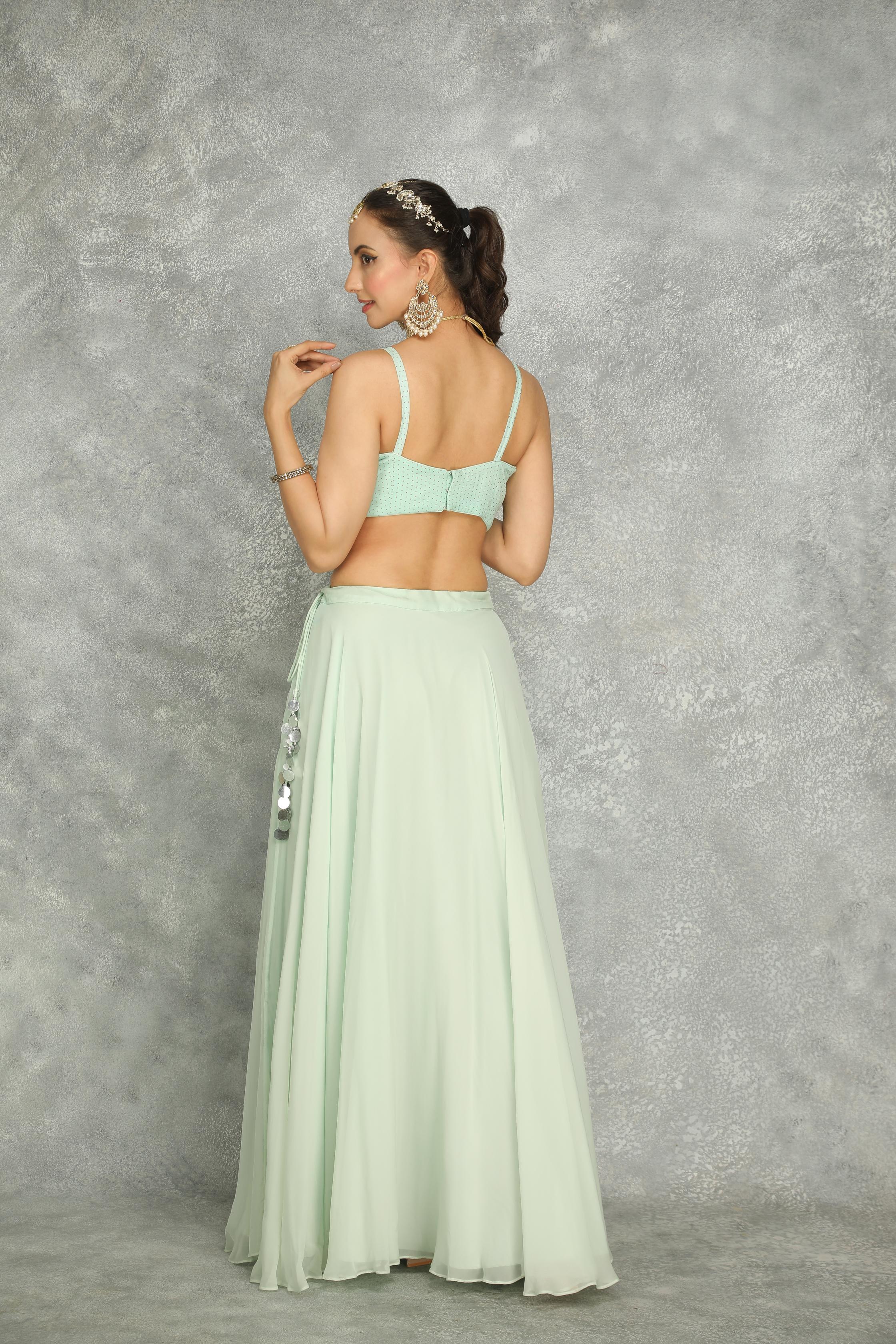 Turquoise Mirror Embroidered Cape w/Skirt and Spaghetti Crop Top