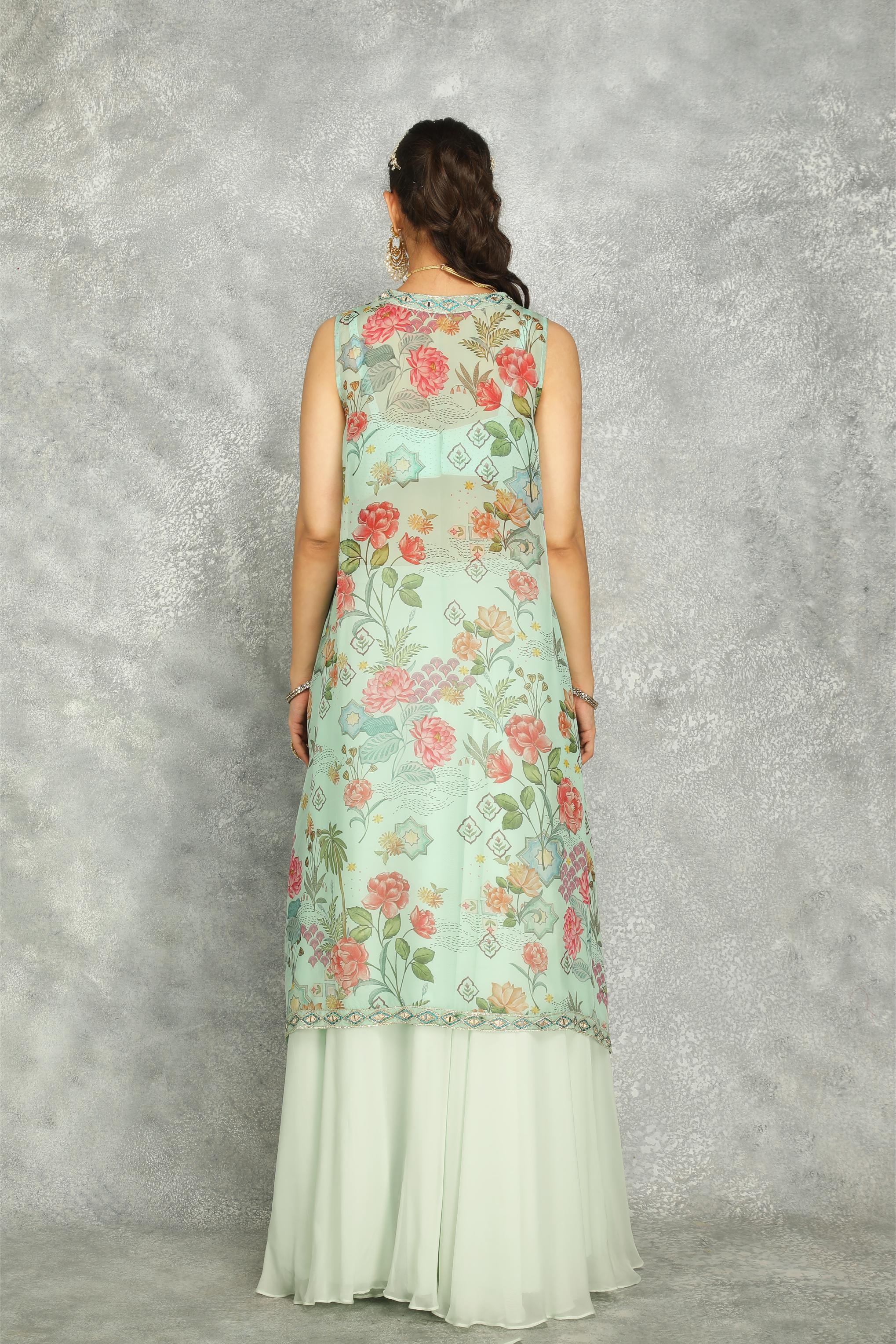 Turquoise Mirror Embroidered Cape w/Skirt and Spaghetti Crop Top