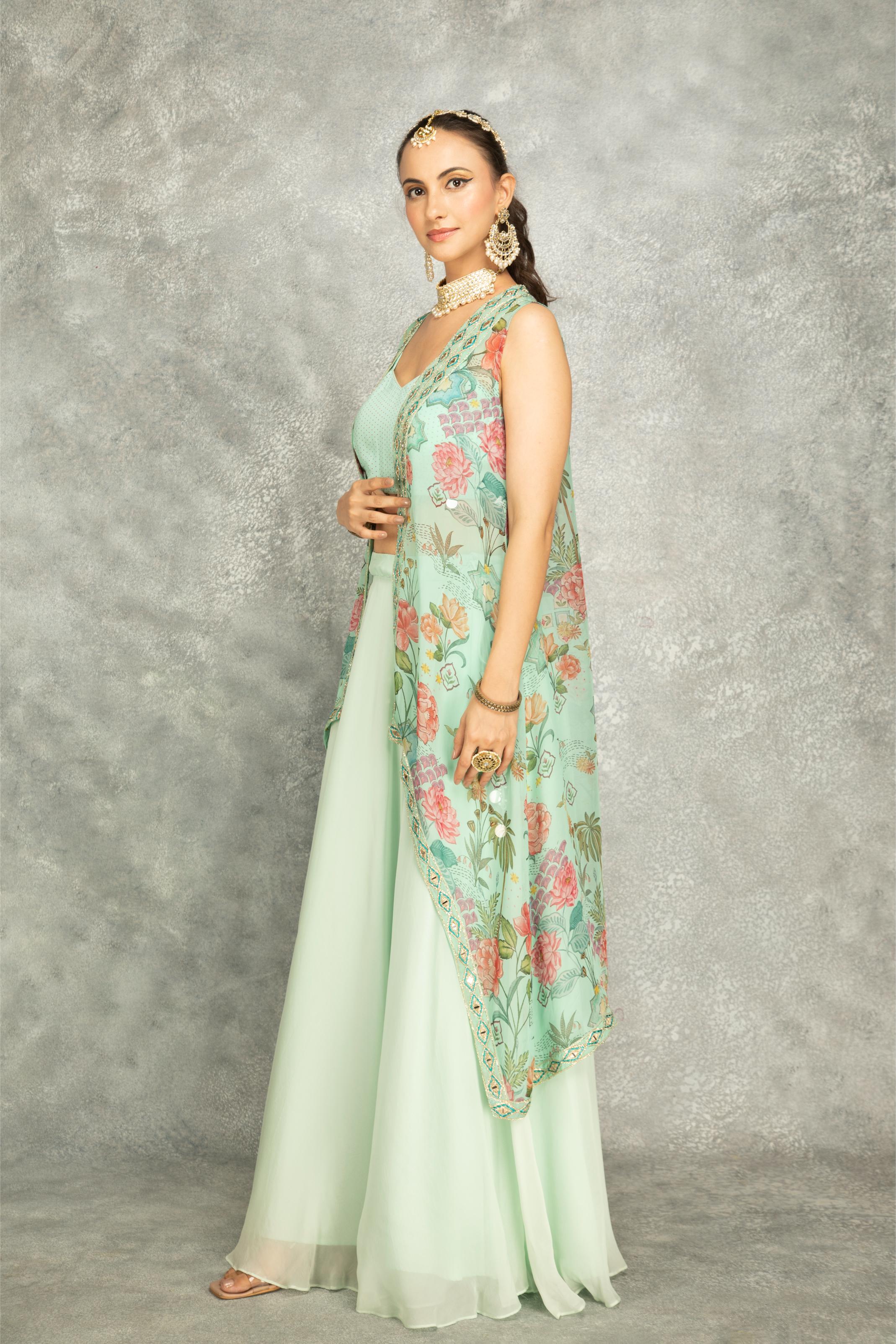 Turquoise Mirror Embroidered Cape w/Skirt and Spaghetti Crop Top