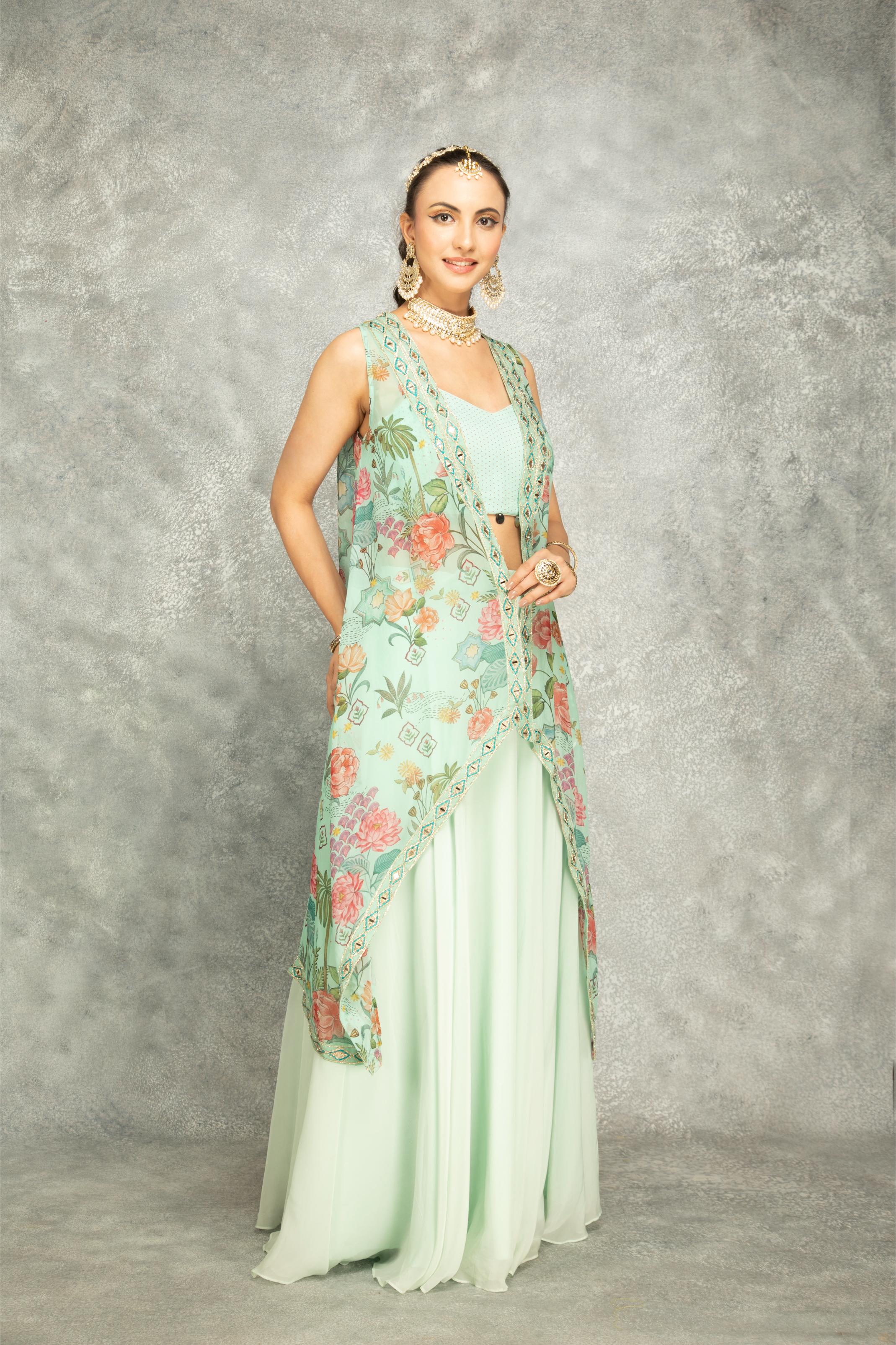 Turquoise Mirror Embroidered Cape w/Skirt and Spaghetti Crop Top