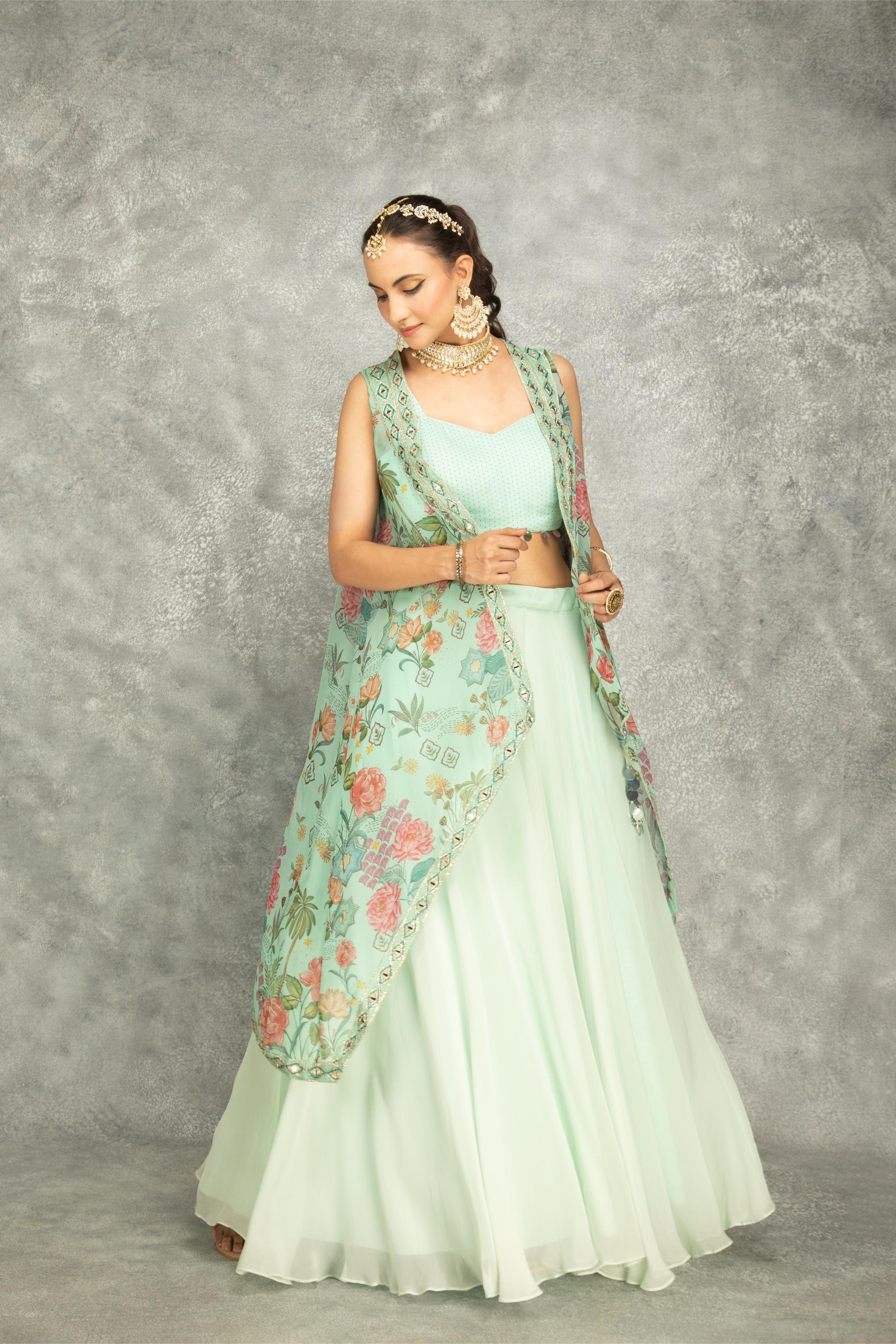 Turquoise Mirror Embroidered Cape w/Skirt and Spaghetti Crop Top