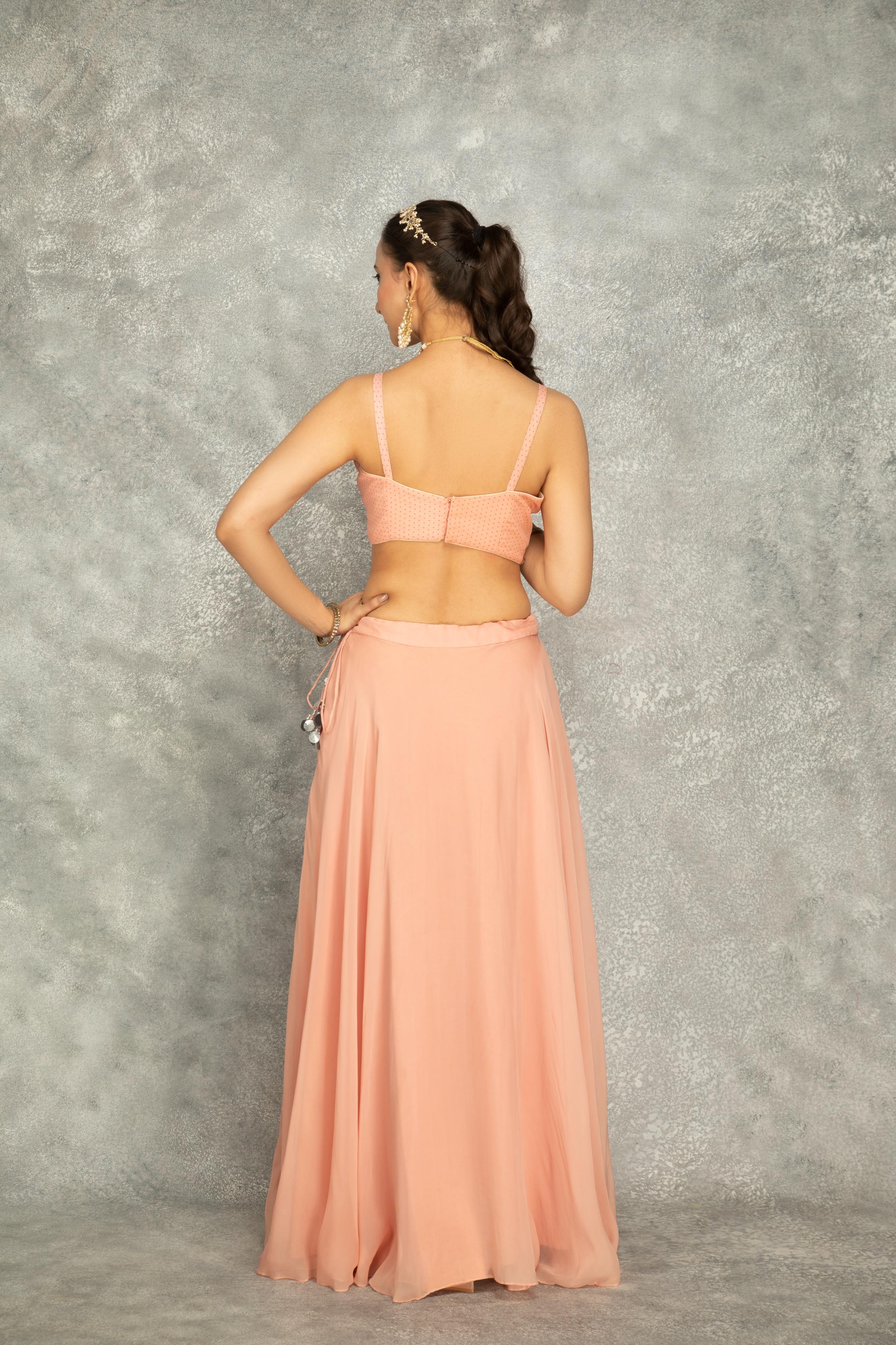 Peach Mirror Embroidered Cape w/Skirt and Spaghetti Crop Top