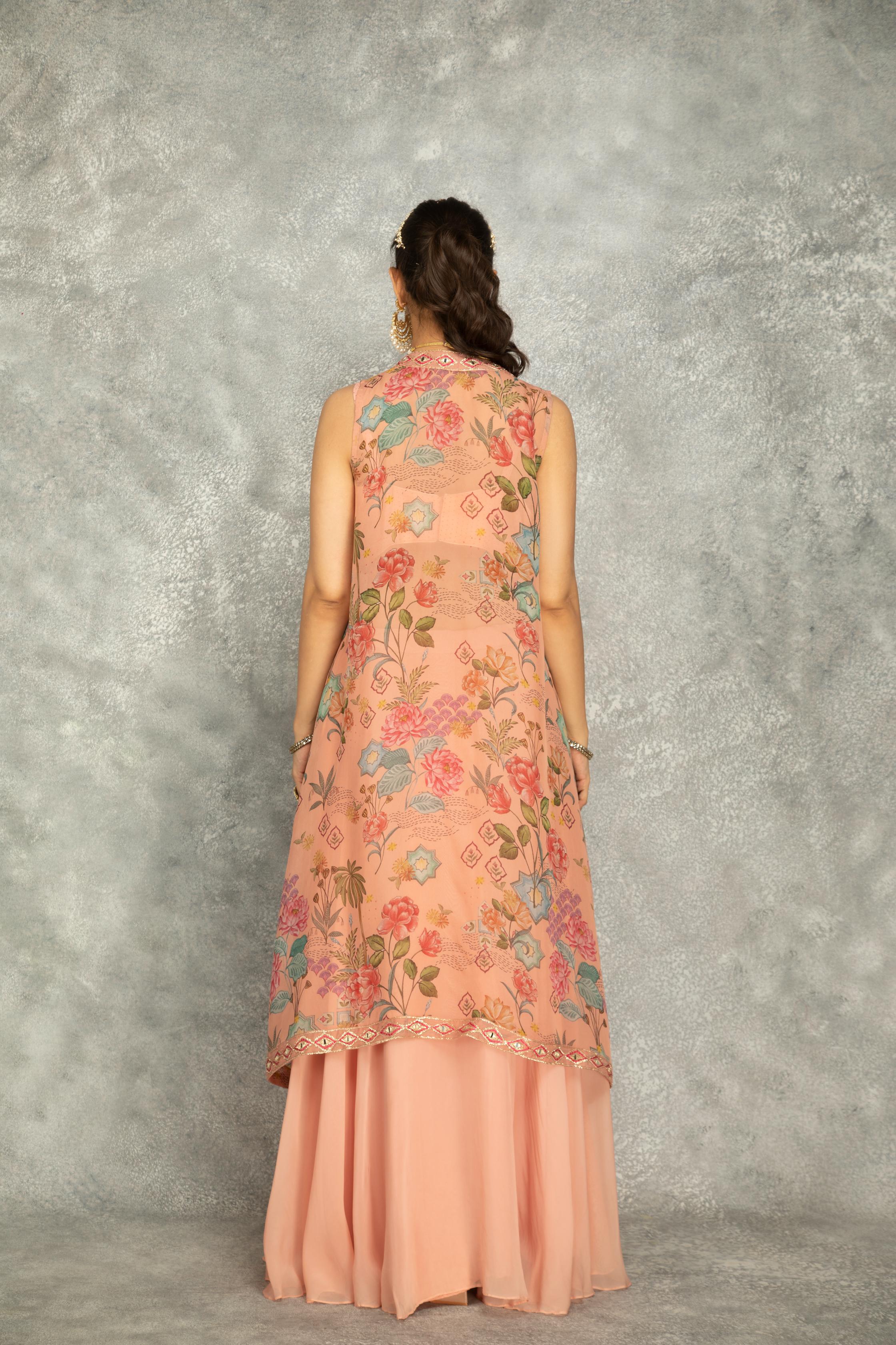 Peach Mirror Embroidered Cape w/Skirt and Spaghetti Crop Top