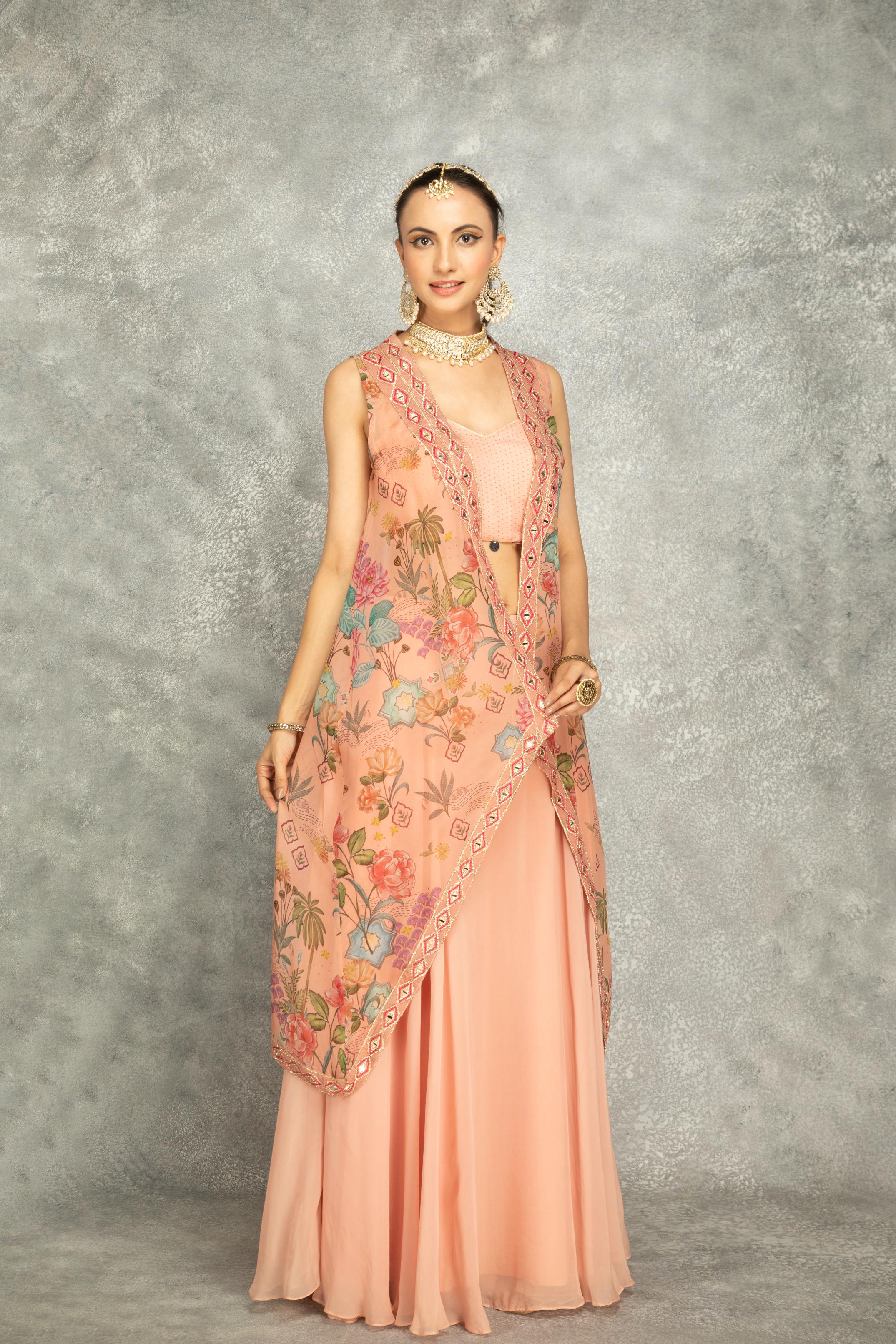 Peach Mirror Embroidered Cape w/Skirt and Spaghetti Crop Top