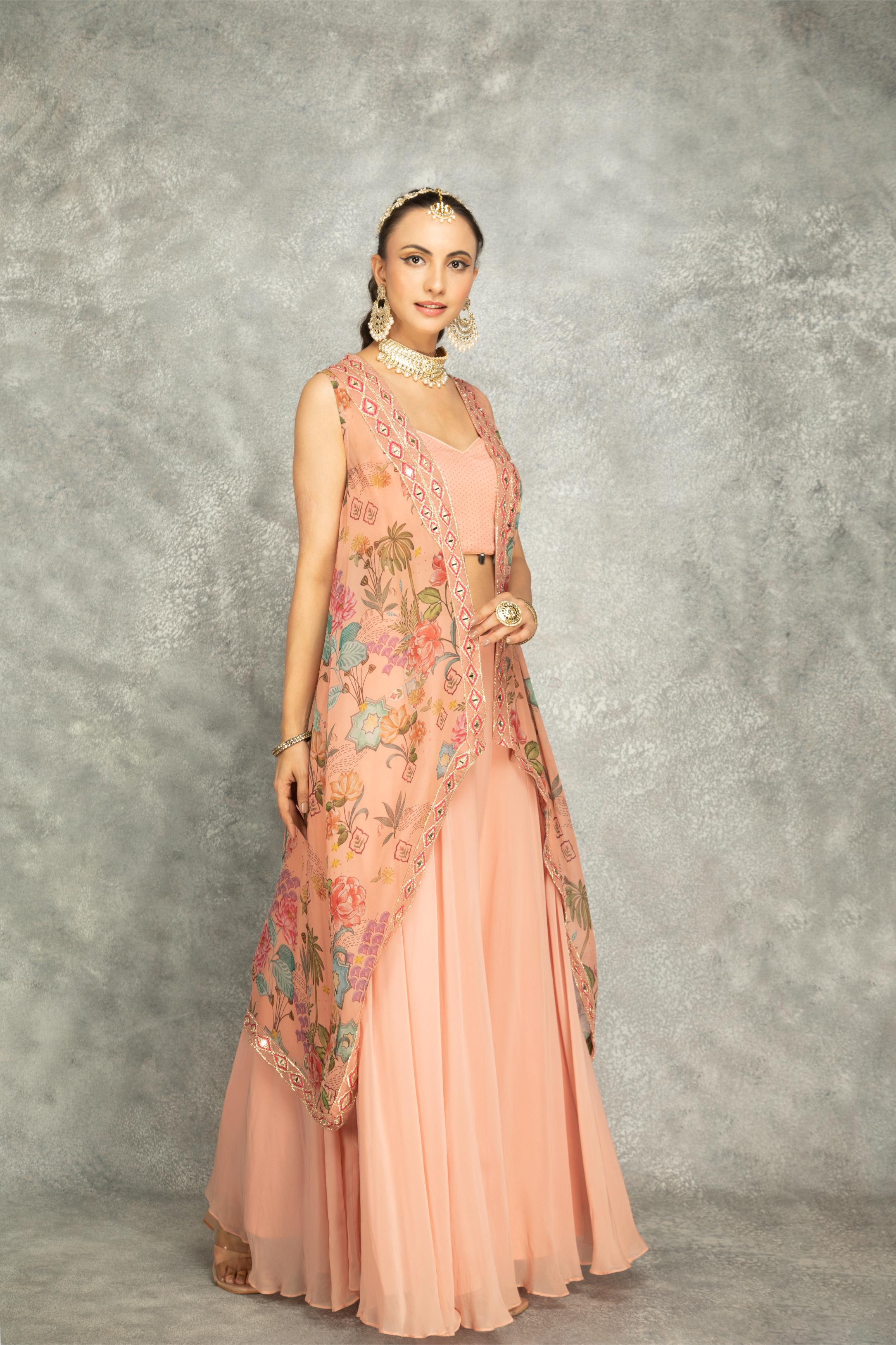 Peach Mirror Embroidered Cape w/Skirt and Spaghetti Crop Top