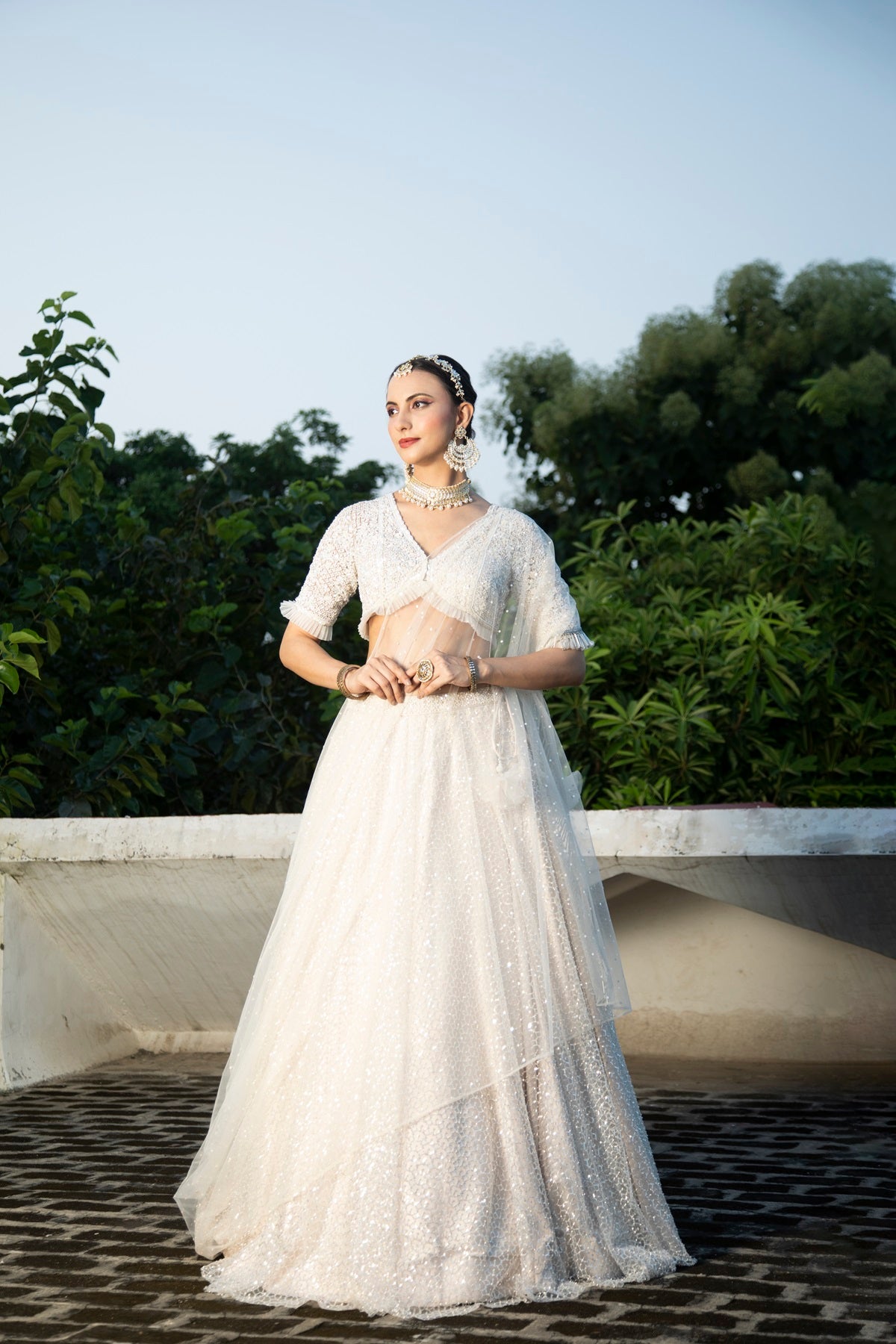 Ivory Net Embroidered Flowy Lehenga Set
