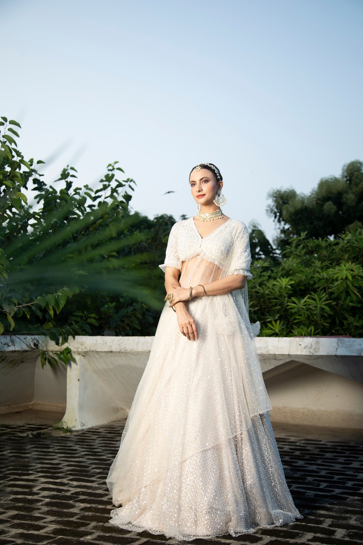 Ivory Net Embroidered Flowy Lehenga Set