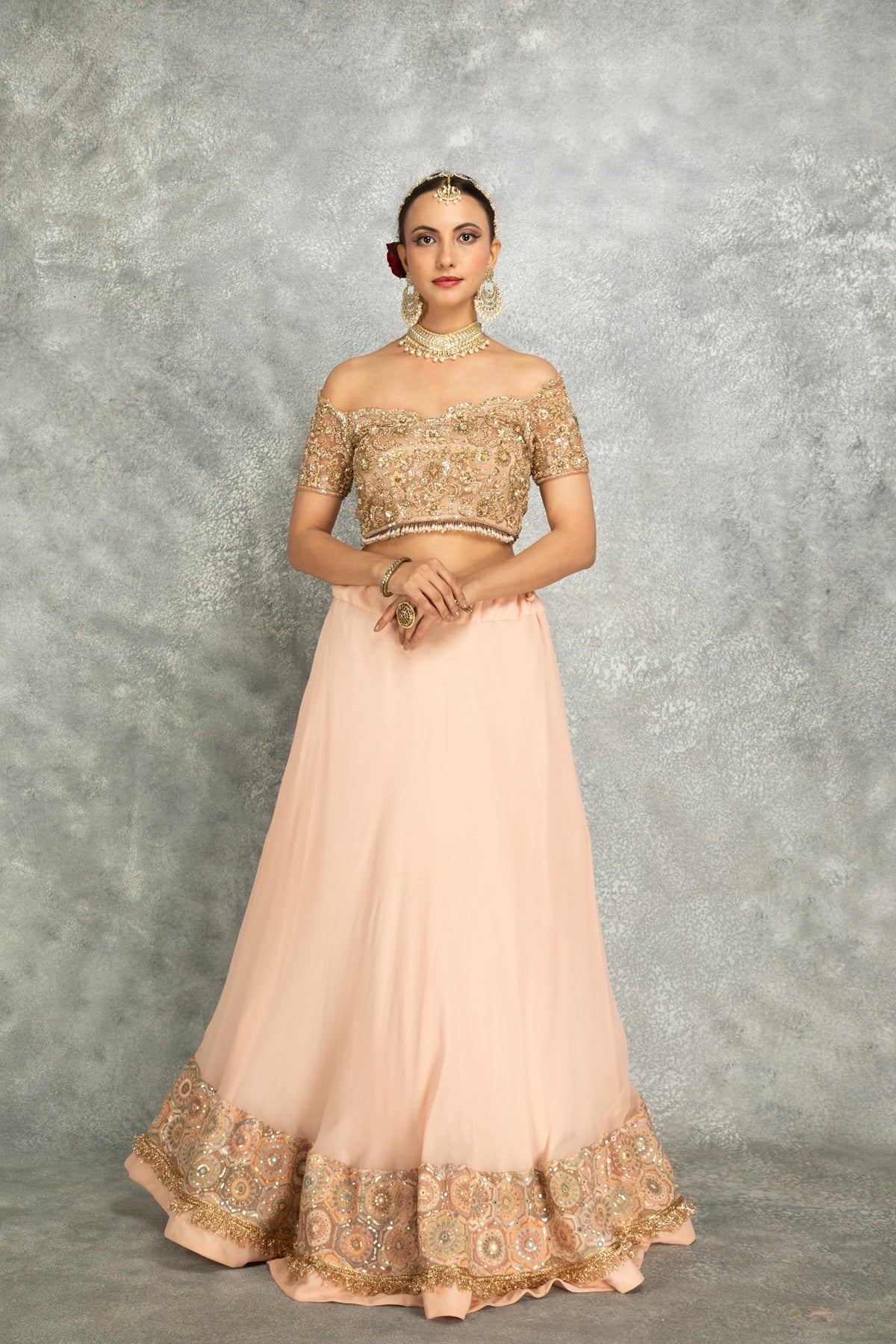 Peach Georgette Sequins Embroidered Lehenga Set