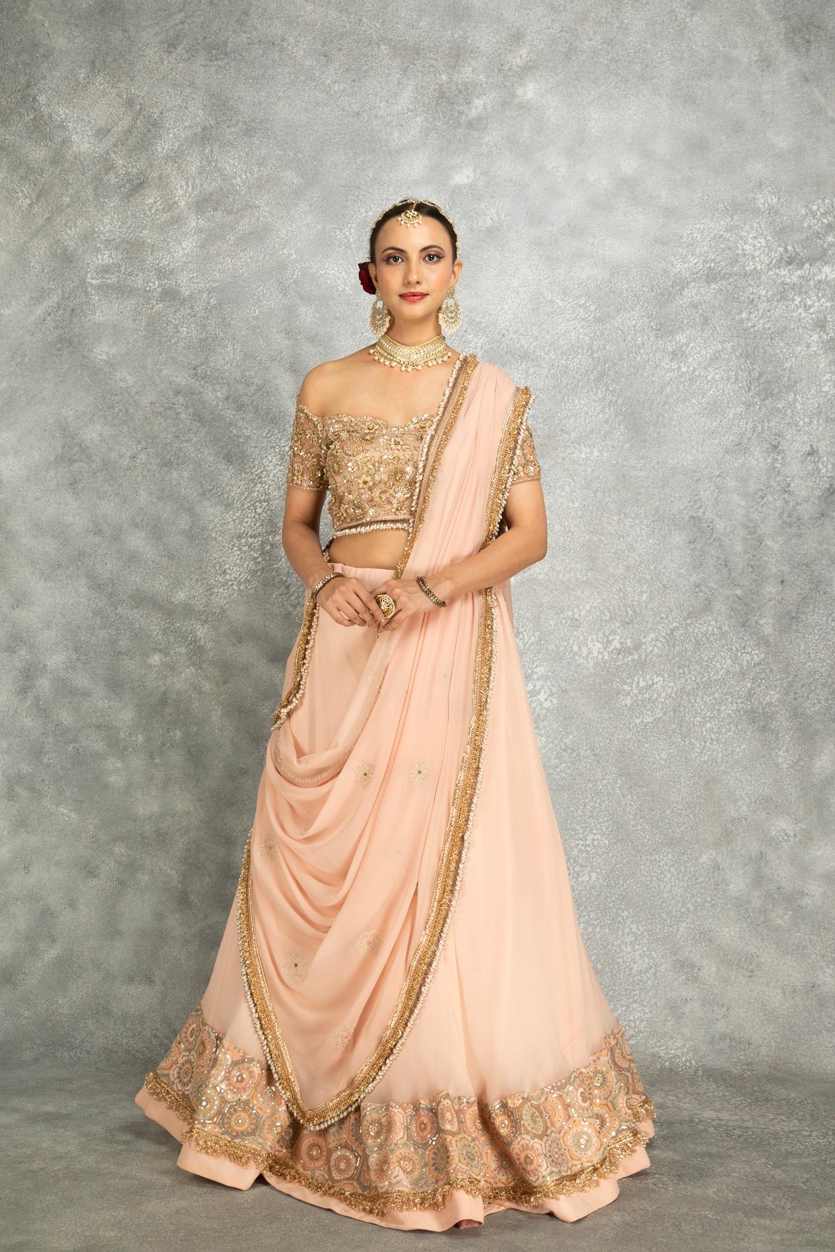Peach Georgette Sequins Embroidered Lehenga Set