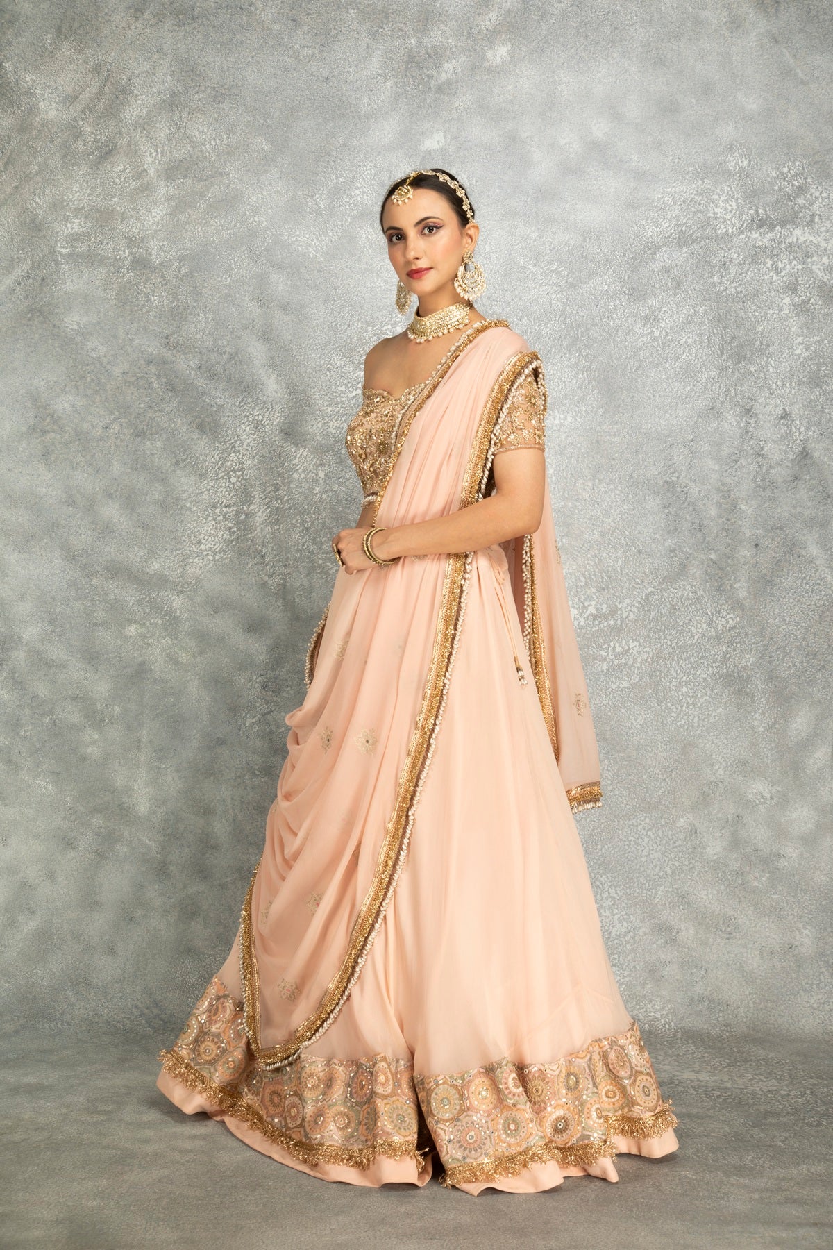 Peach Georgette Sequins Embroidered Lehenga Set