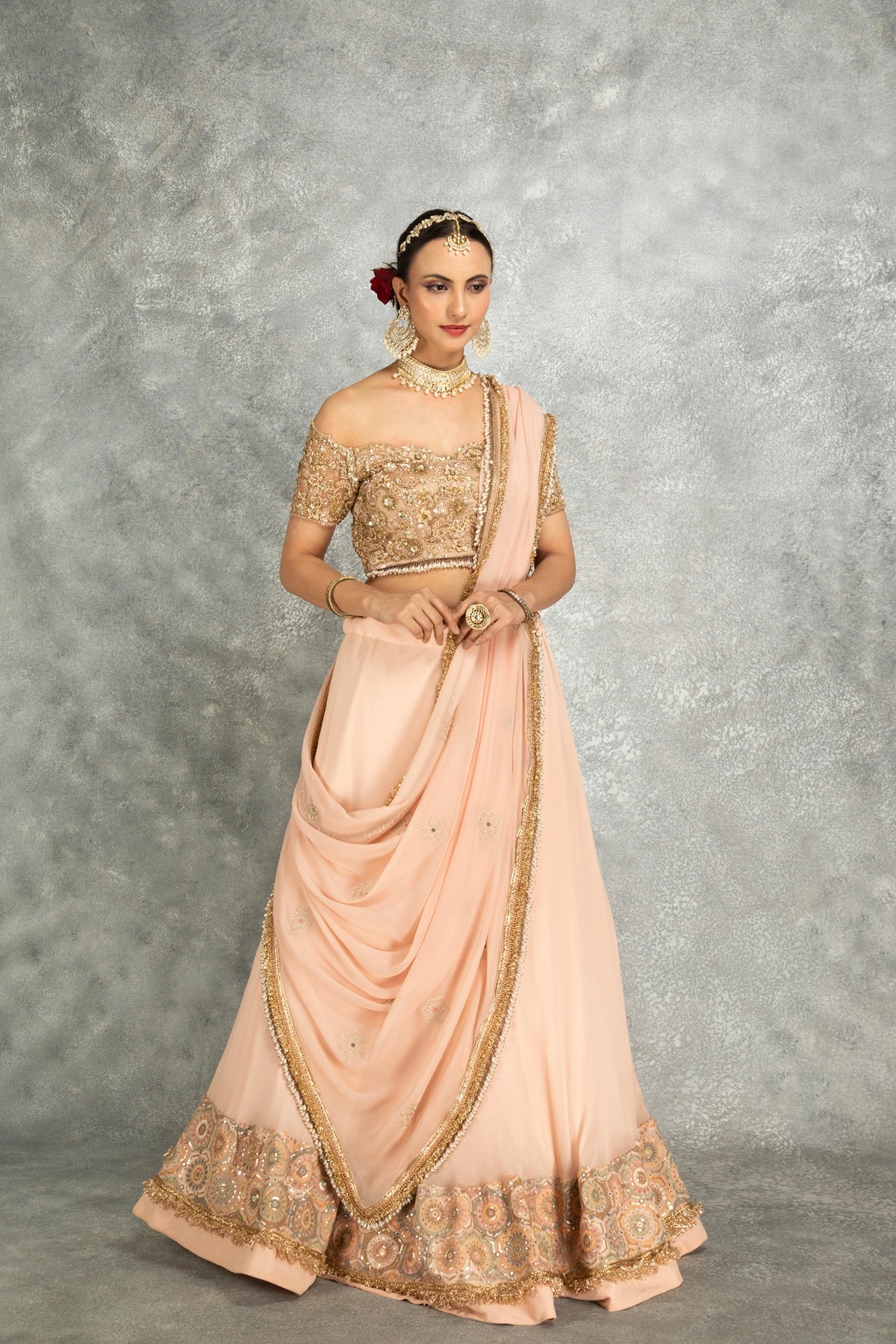 Peach Georgette Sequins Embroidered Lehenga Set