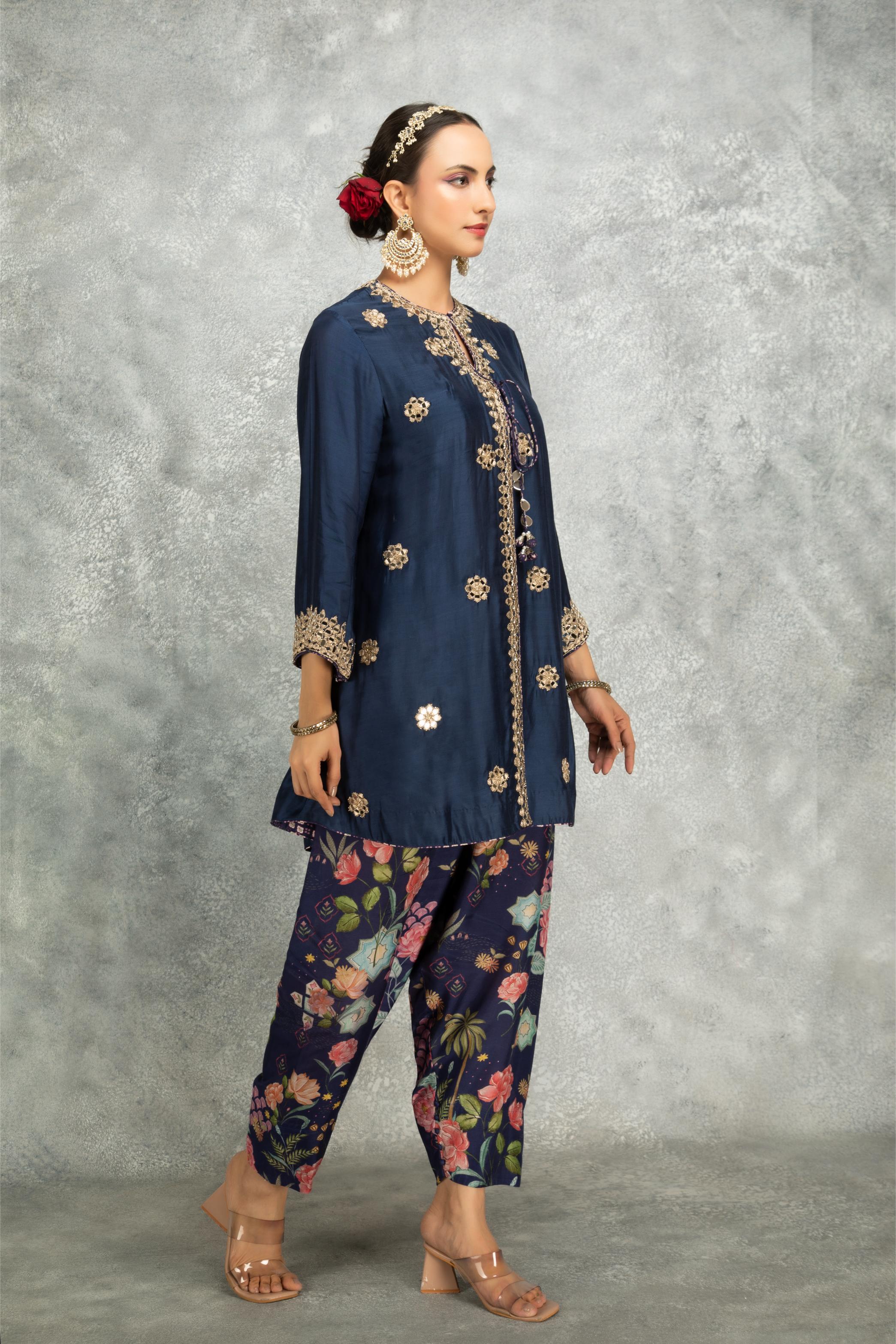 Blue Mirror Embroidered Angrakha with Printed Pants & Dupatta Set of 3
