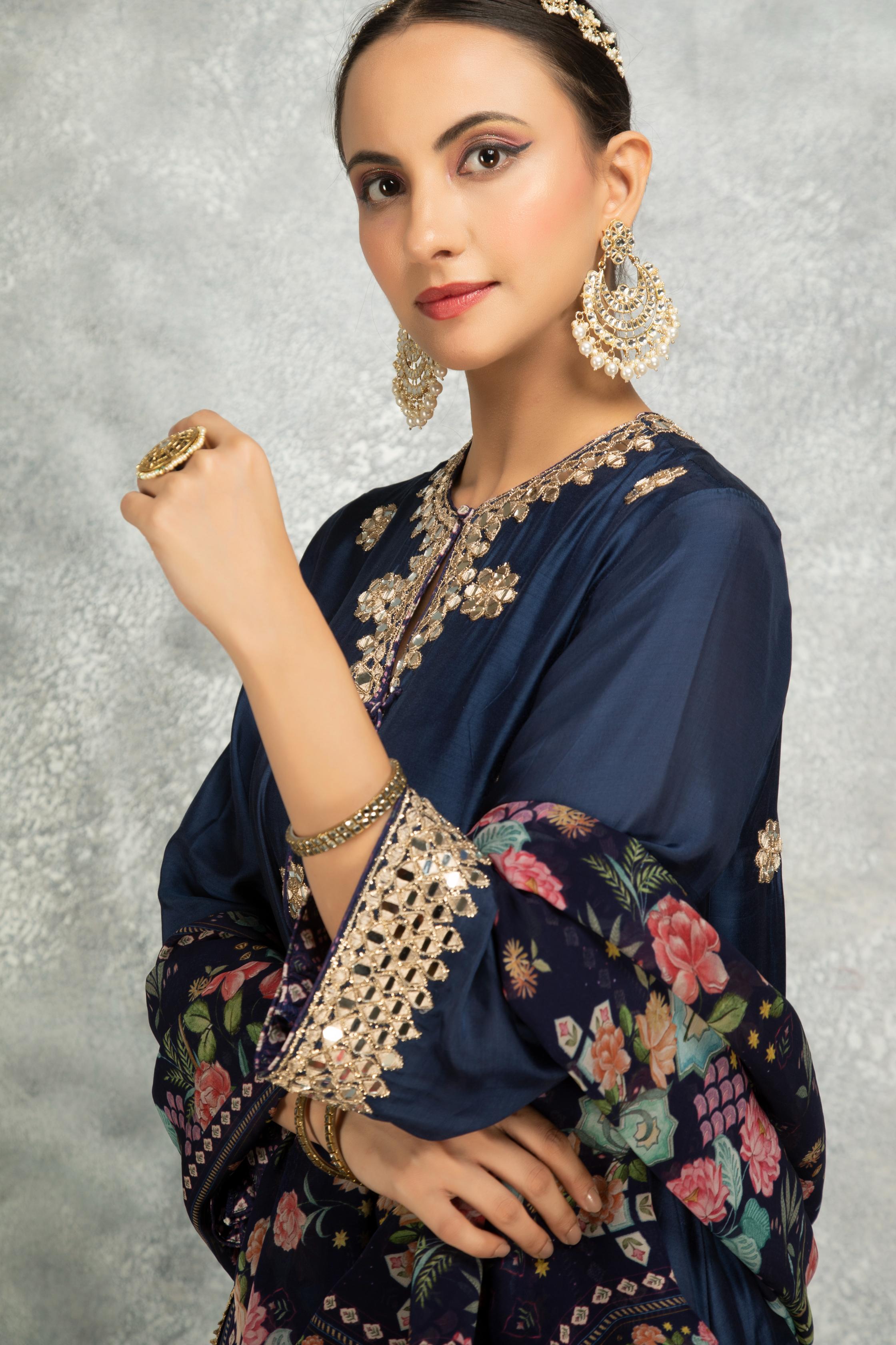 Blue Mirror Embroidered Angrakha with Printed Pants & Dupatta Set of 3